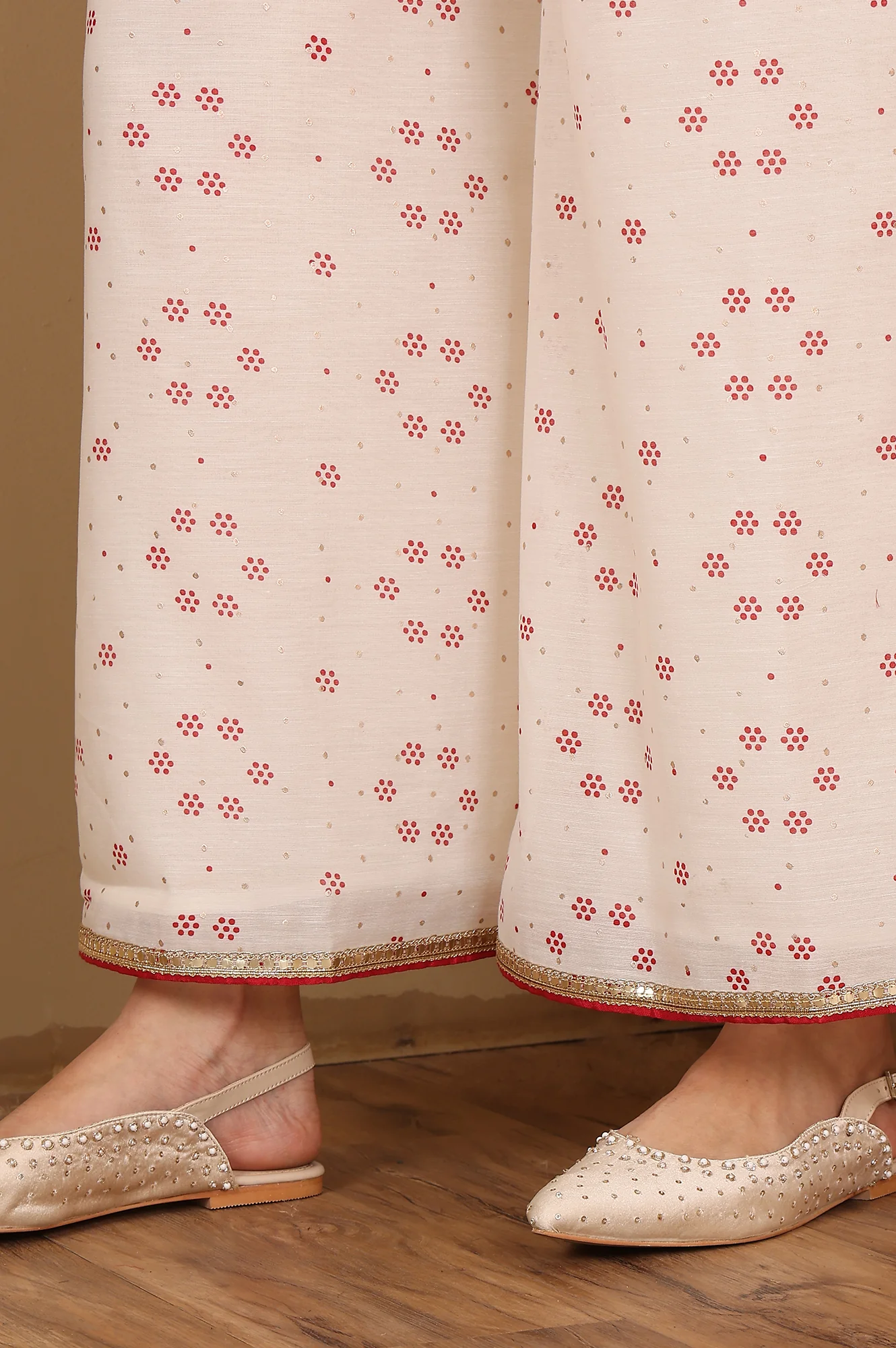 Whisper White Dot Printed Embroidered Chanderi Anarkali Kurta, Flared Pants And Dupatta Set - Image 10