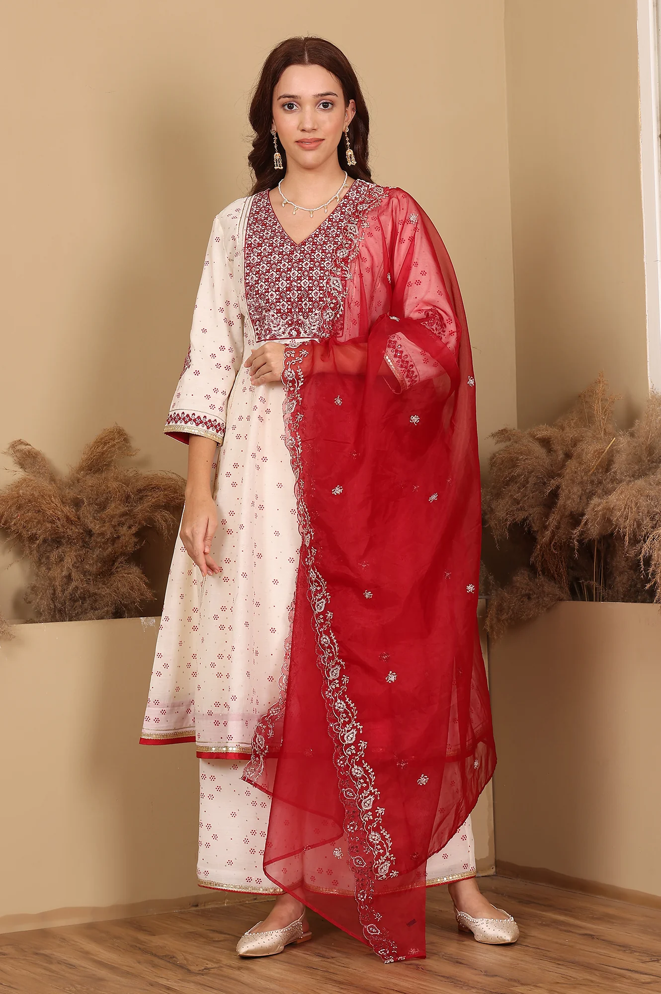 Whisper White Dot Printed Embroidered Chanderi Anarkali Kurta, Flared Pants And Dupatta Set - Image 2