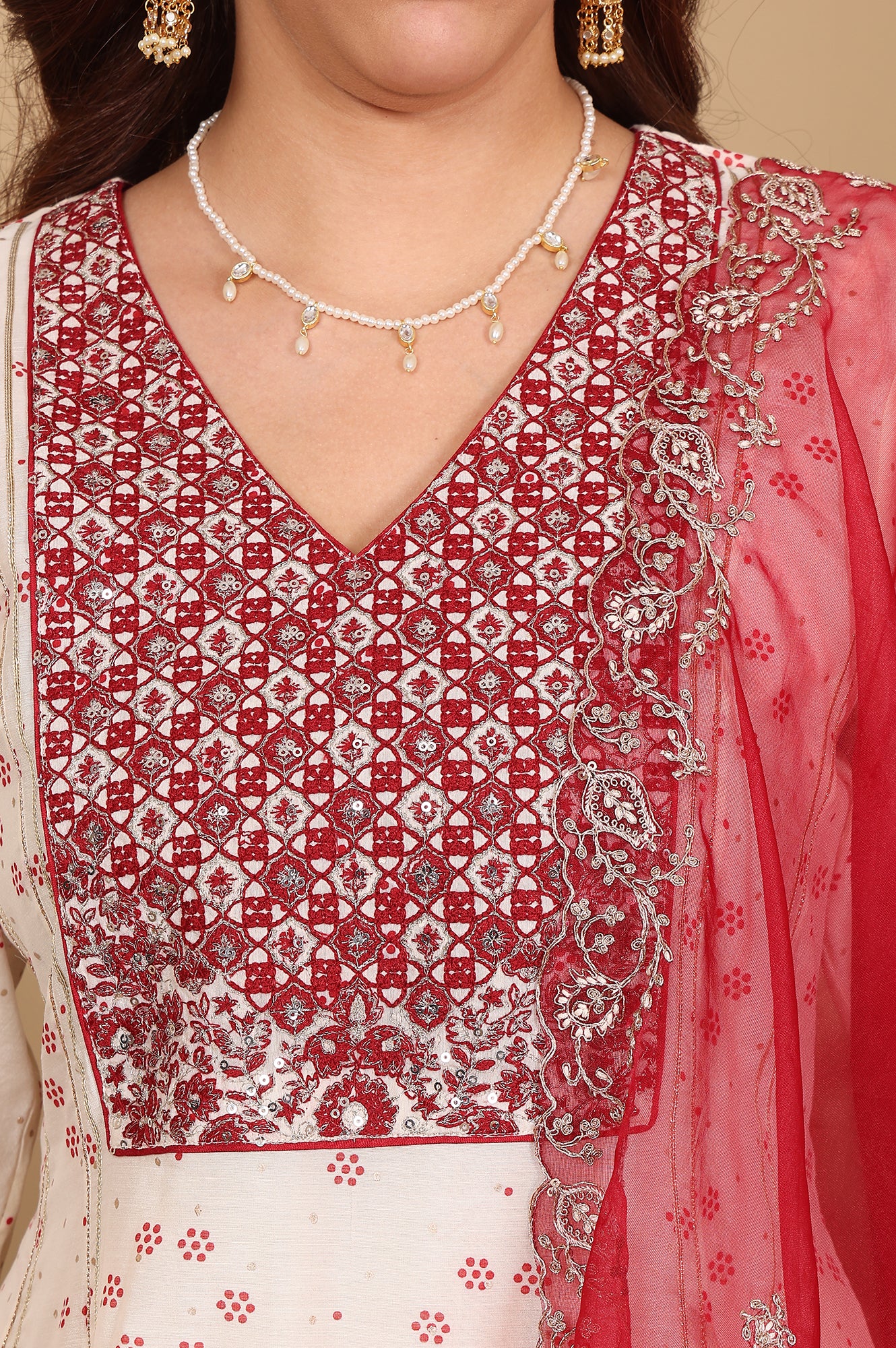 Whisper White Dot Printed Embroidered Chanderi Anarkali Kurta, Flared Pants And Dupatta Set - Image 3