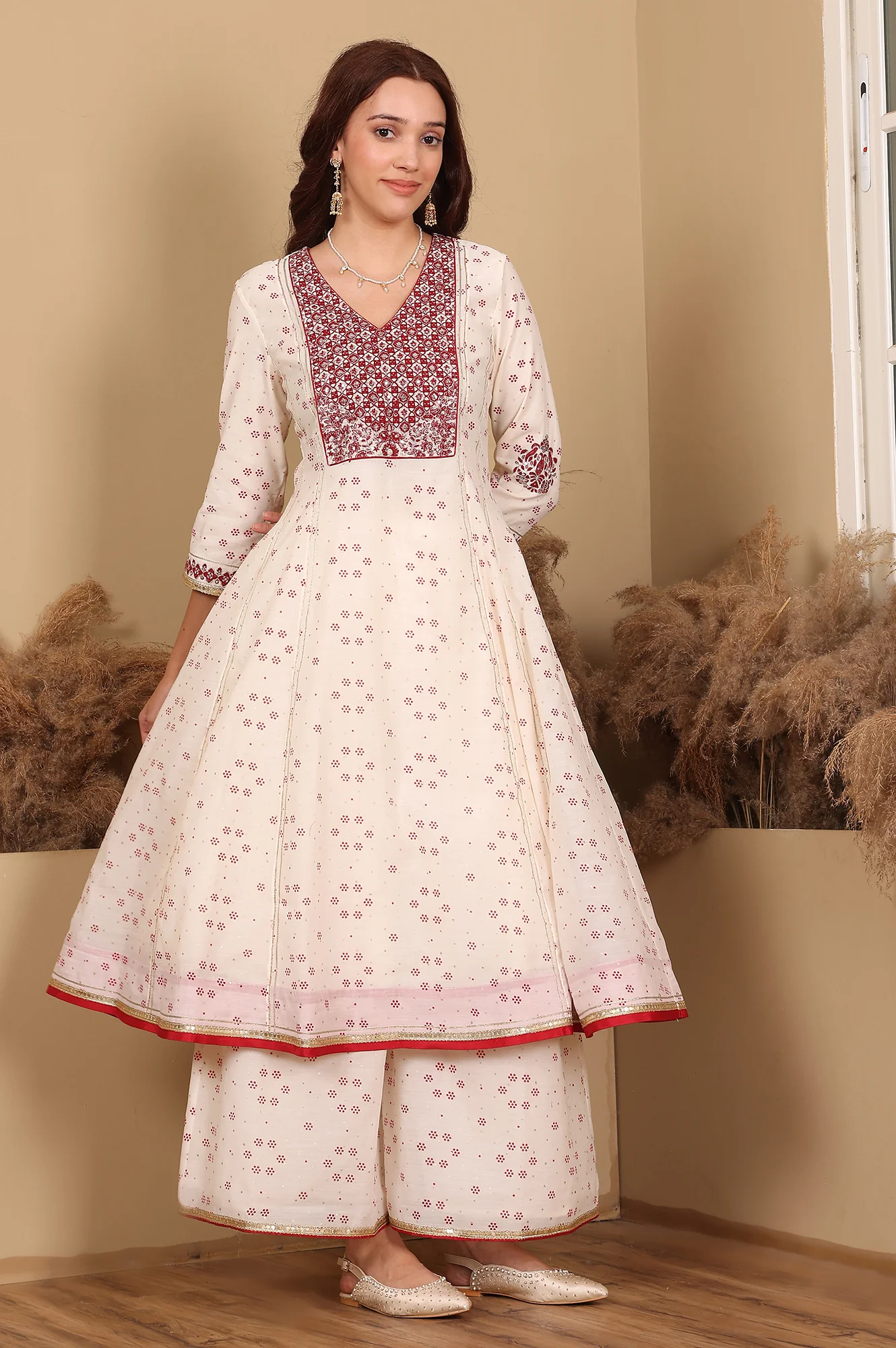 Whisper White Dot Printed Embroidered Chanderi Anarkali Kurta, Flared Pants And Dupatta Set - Image 4