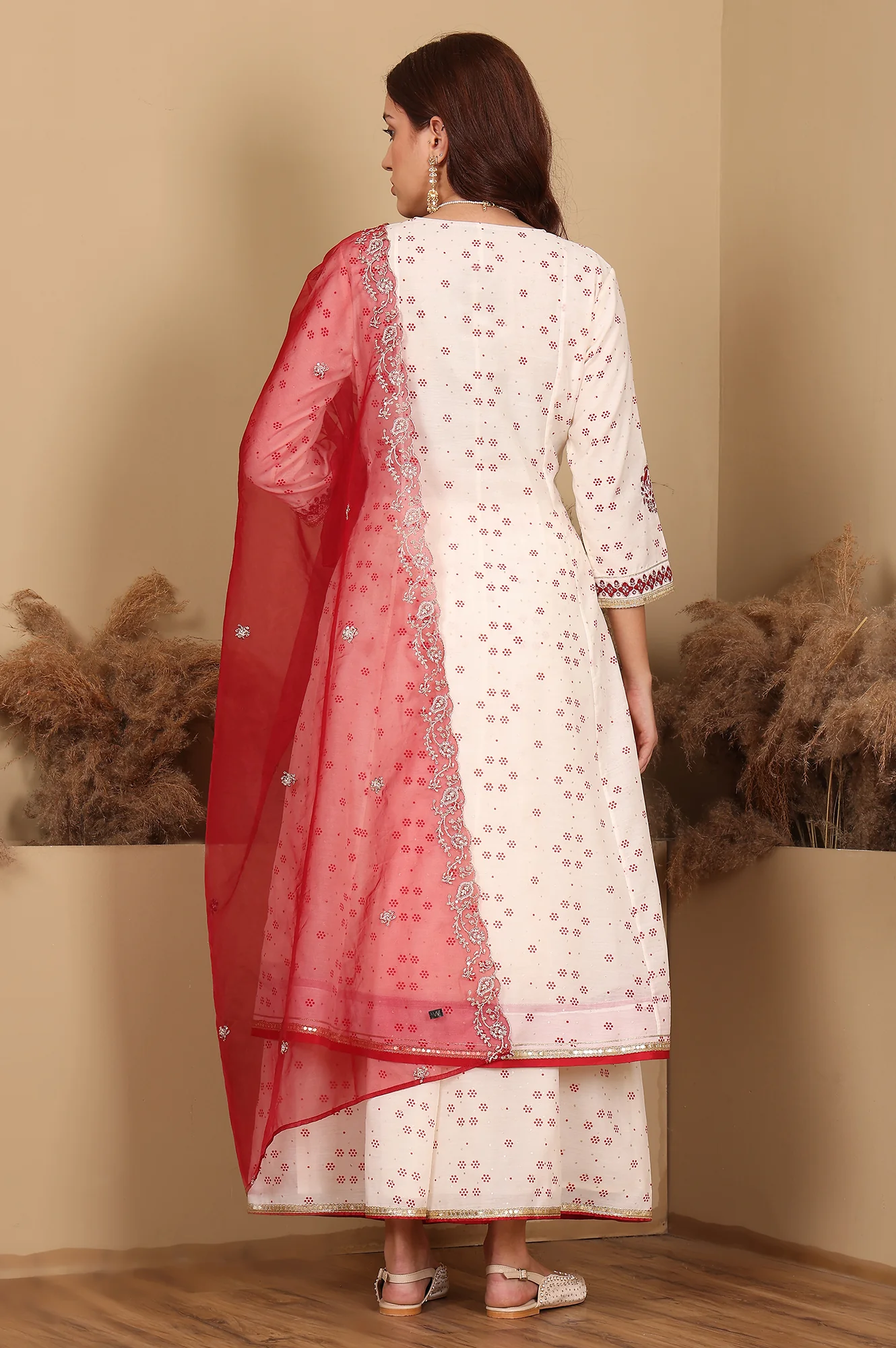 Whisper White Dot Printed Embroidered Chanderi Anarkali Kurta, Flared Pants And Dupatta Set - Image 5
