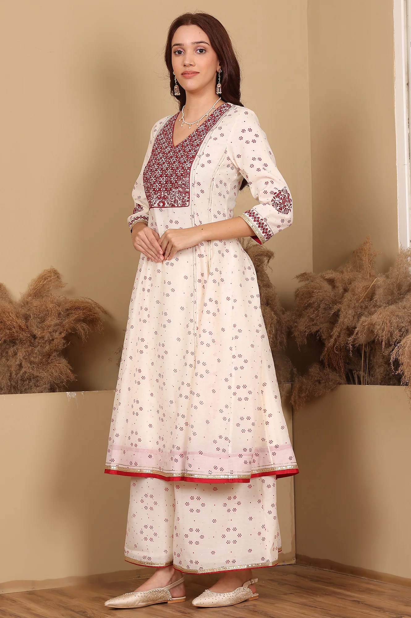 Whisper White Dot Printed Embroidered Chanderi Anarkali Kurta, Flared Pants And Dupatta Set - Image 6