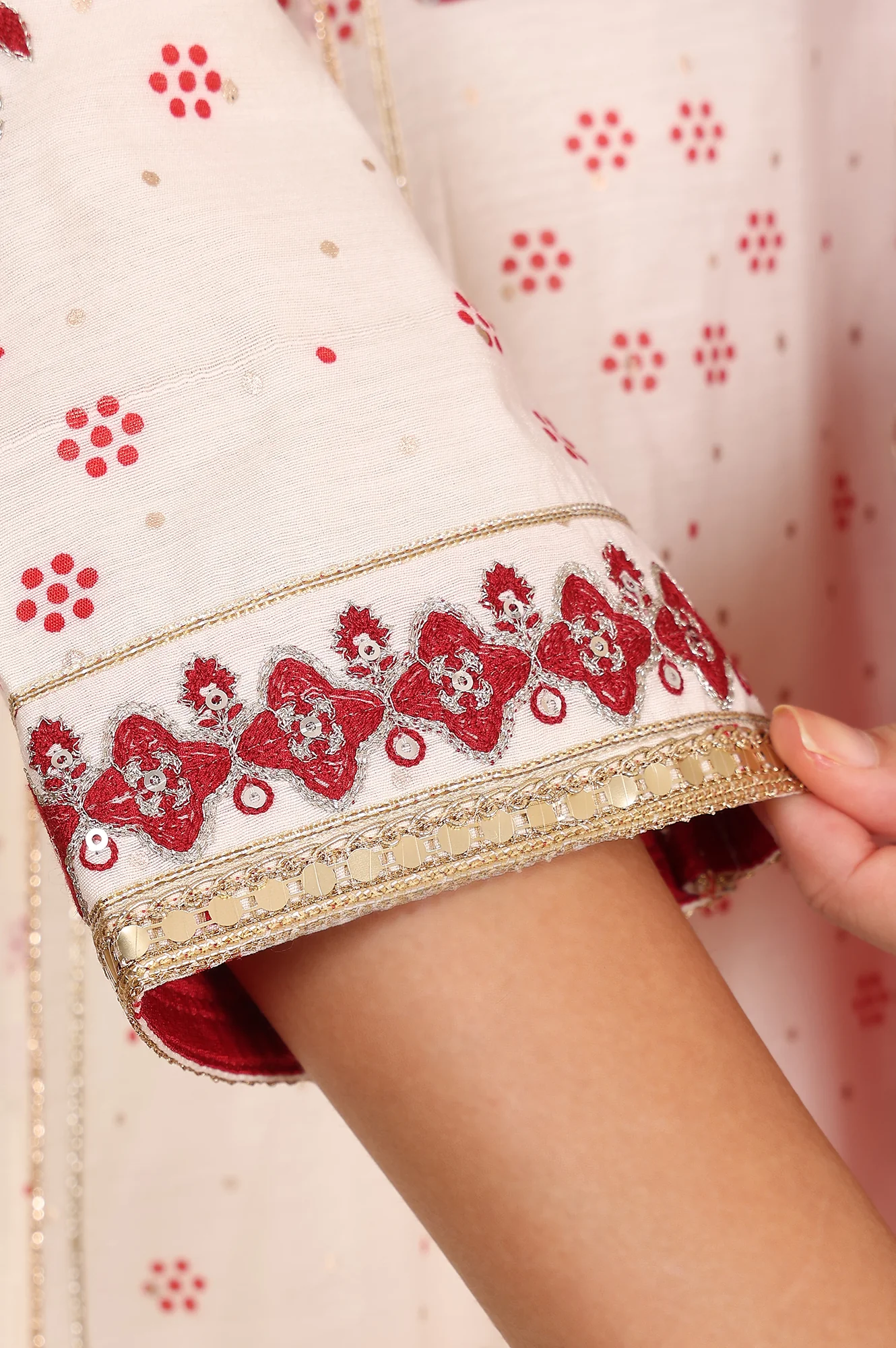 Whisper White Dot Printed Embroidered Chanderi Anarkali Kurta, Flared Pants And Dupatta Set - Image 7