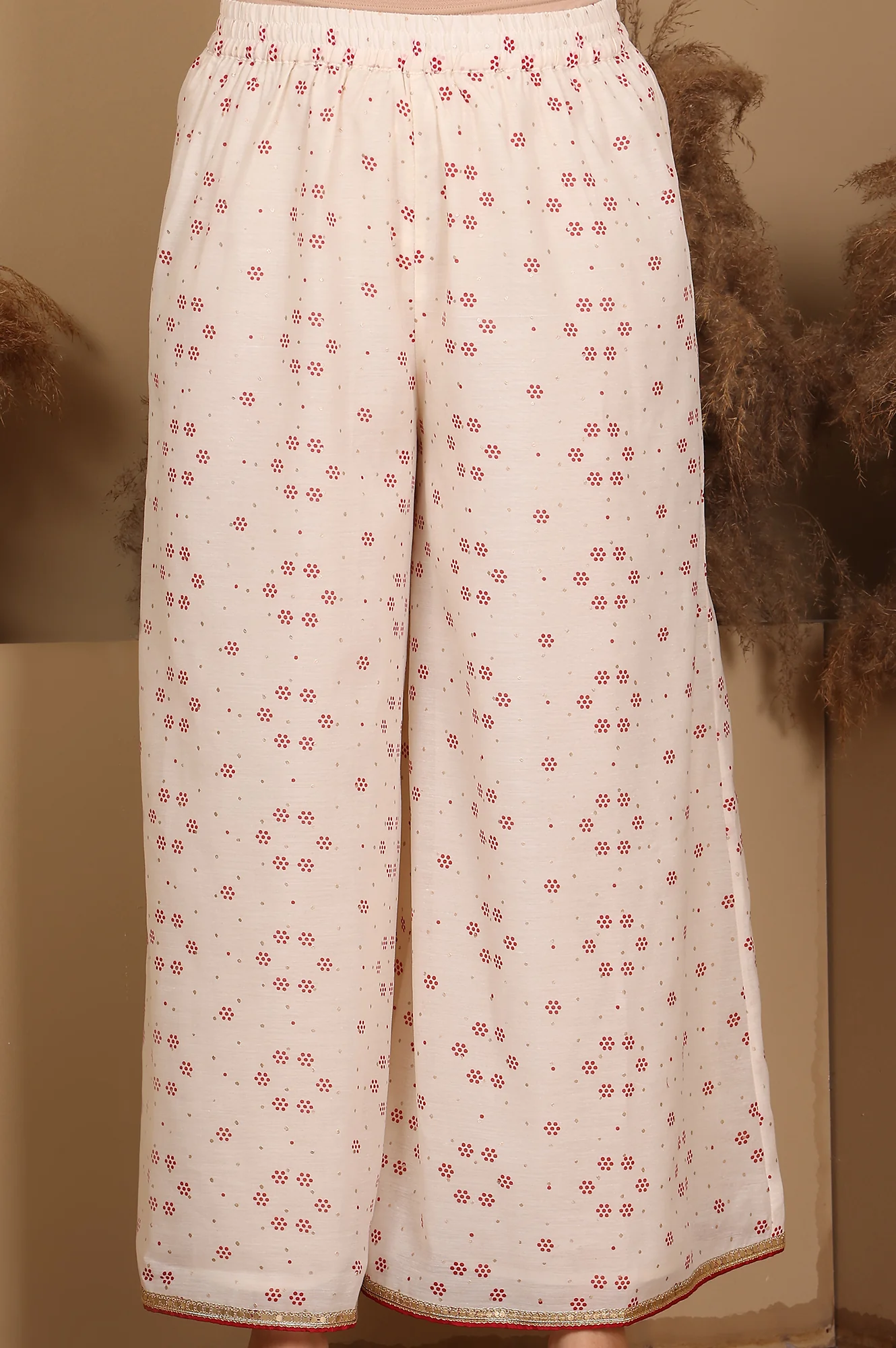 Whisper White Dot Printed Embroidered Chanderi Anarkali Kurta, Flared Pants And Dupatta Set - Image 8