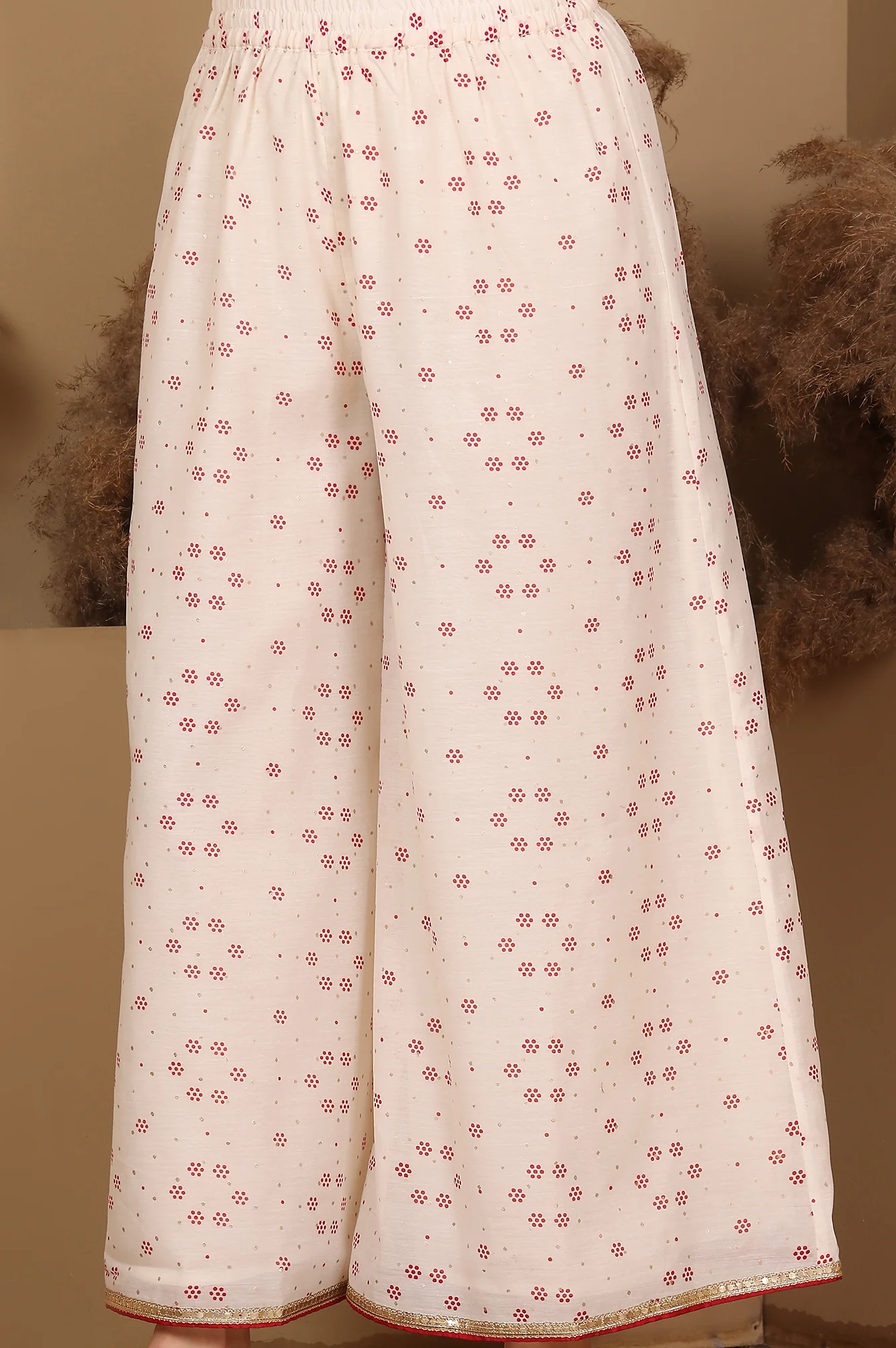 Whisper White Dot Printed Embroidered Chanderi Anarkali Kurta, Flared Pants And Dupatta Set - Image 9