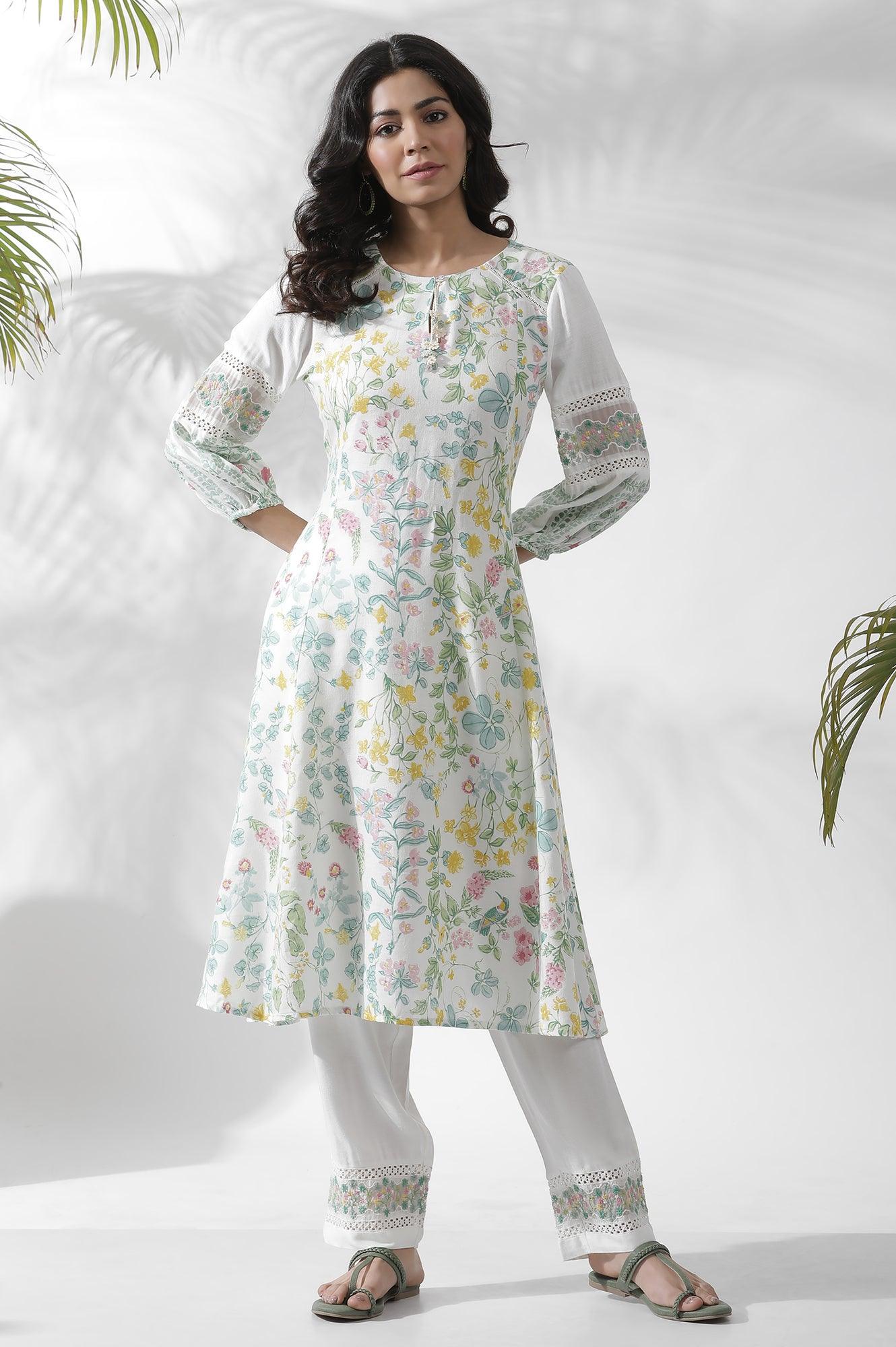 White A-Line Floral Printed Kurta - Image 2
