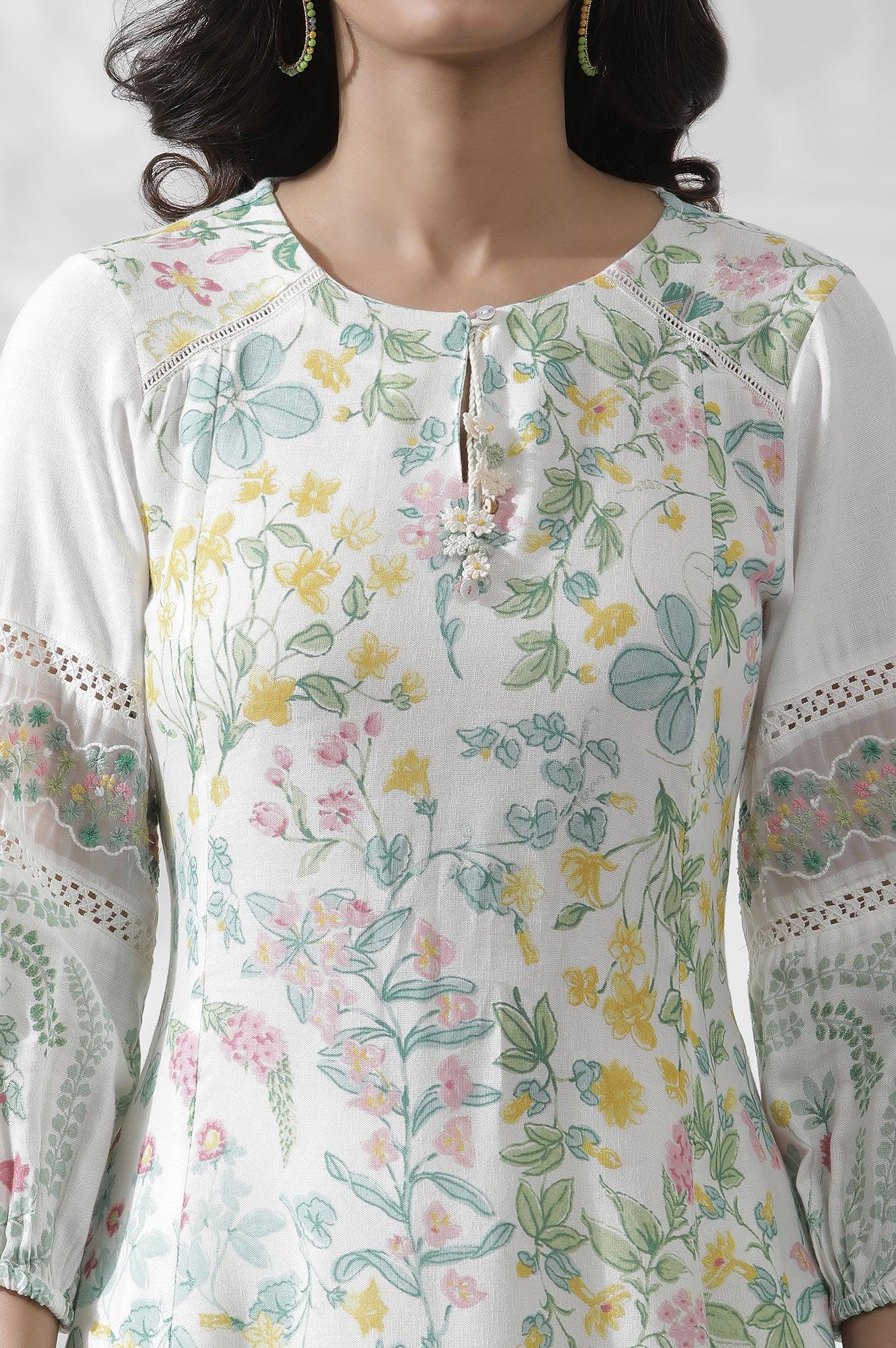 White A-Line Floral Printed Kurta - Image 6