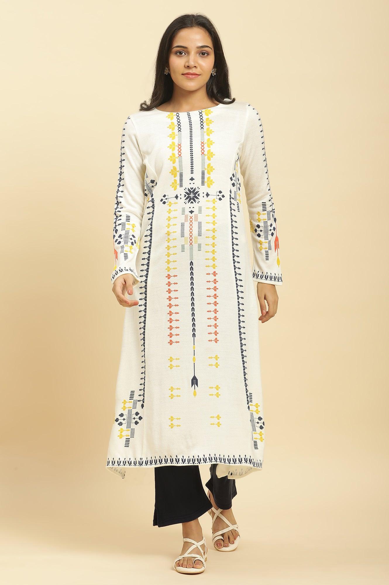 White A-Line Kurta In Multicoloured Print And Tights Set - Image 2