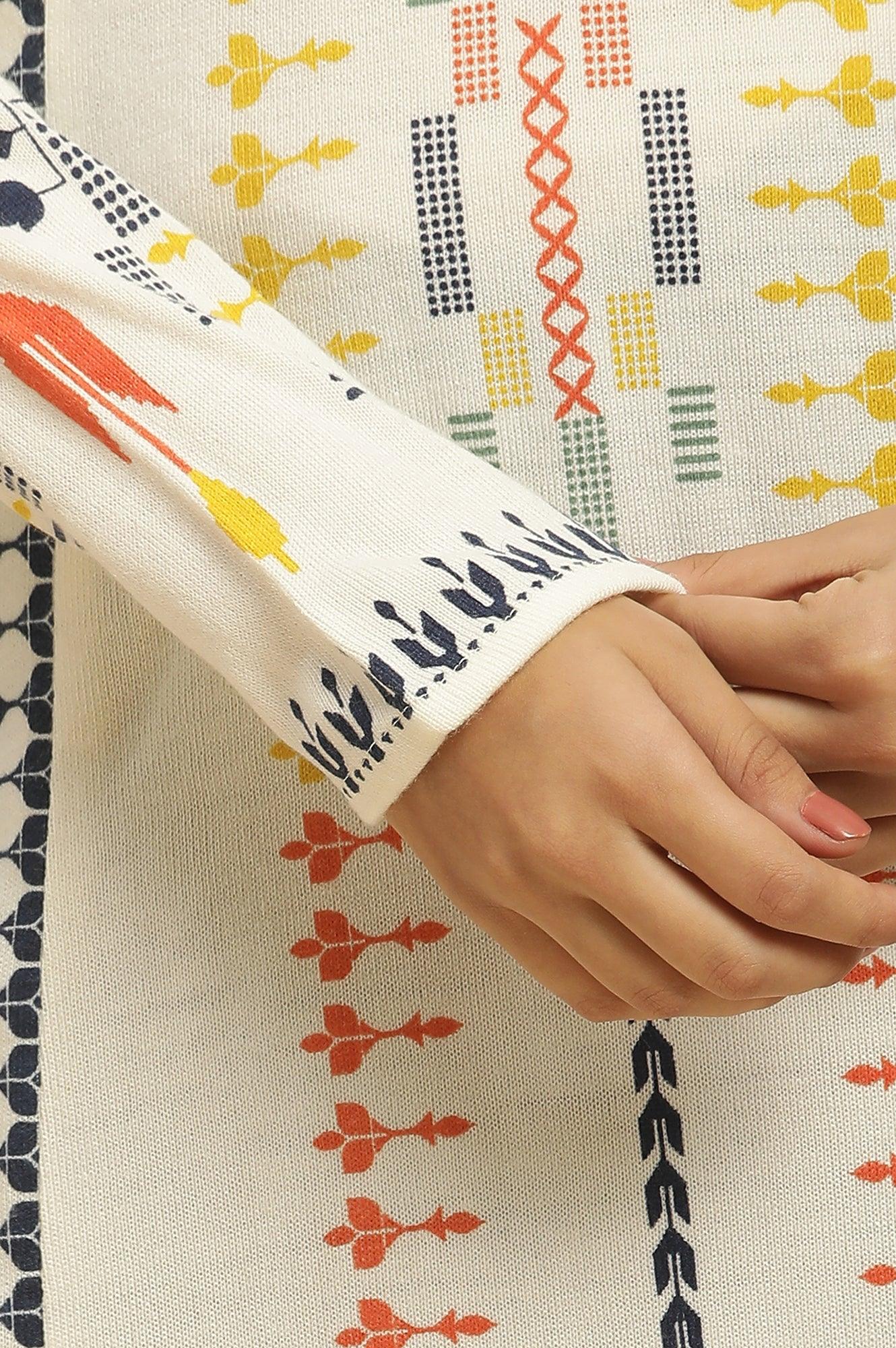 White A-Line Kurta In Multicoloured Print And Tights Set - Image 8