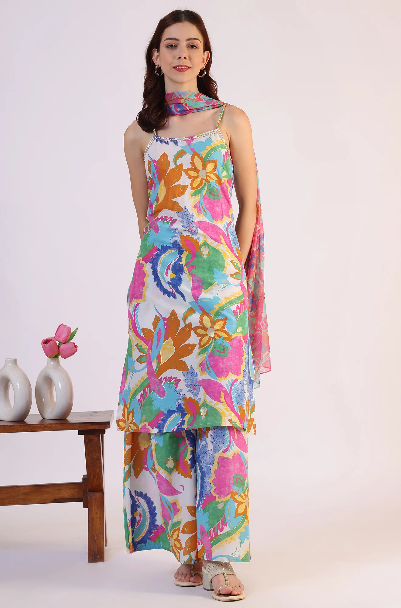 White Abstract Printed Pure Cotton Spaghetti Kurta, Flared Pants and Dupatta Set - Image 2