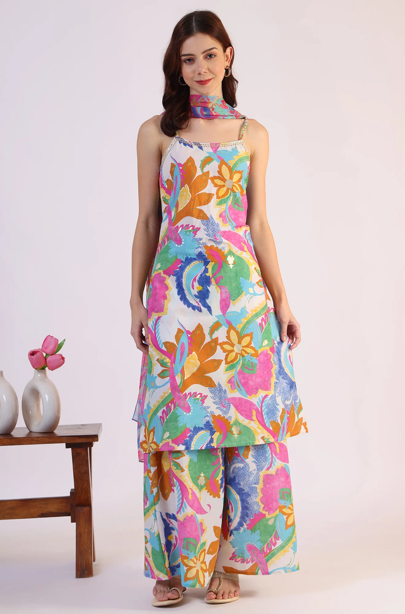 White Abstract Printed Pure Cotton Spaghetti Kurta, Flared Pants and Dupatta Set - Image 3