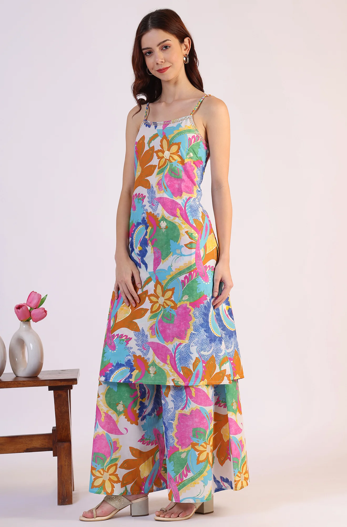 White Abstract Printed Pure Cotton Spaghetti Kurta, Flared Pants and Dupatta Set - Image 5