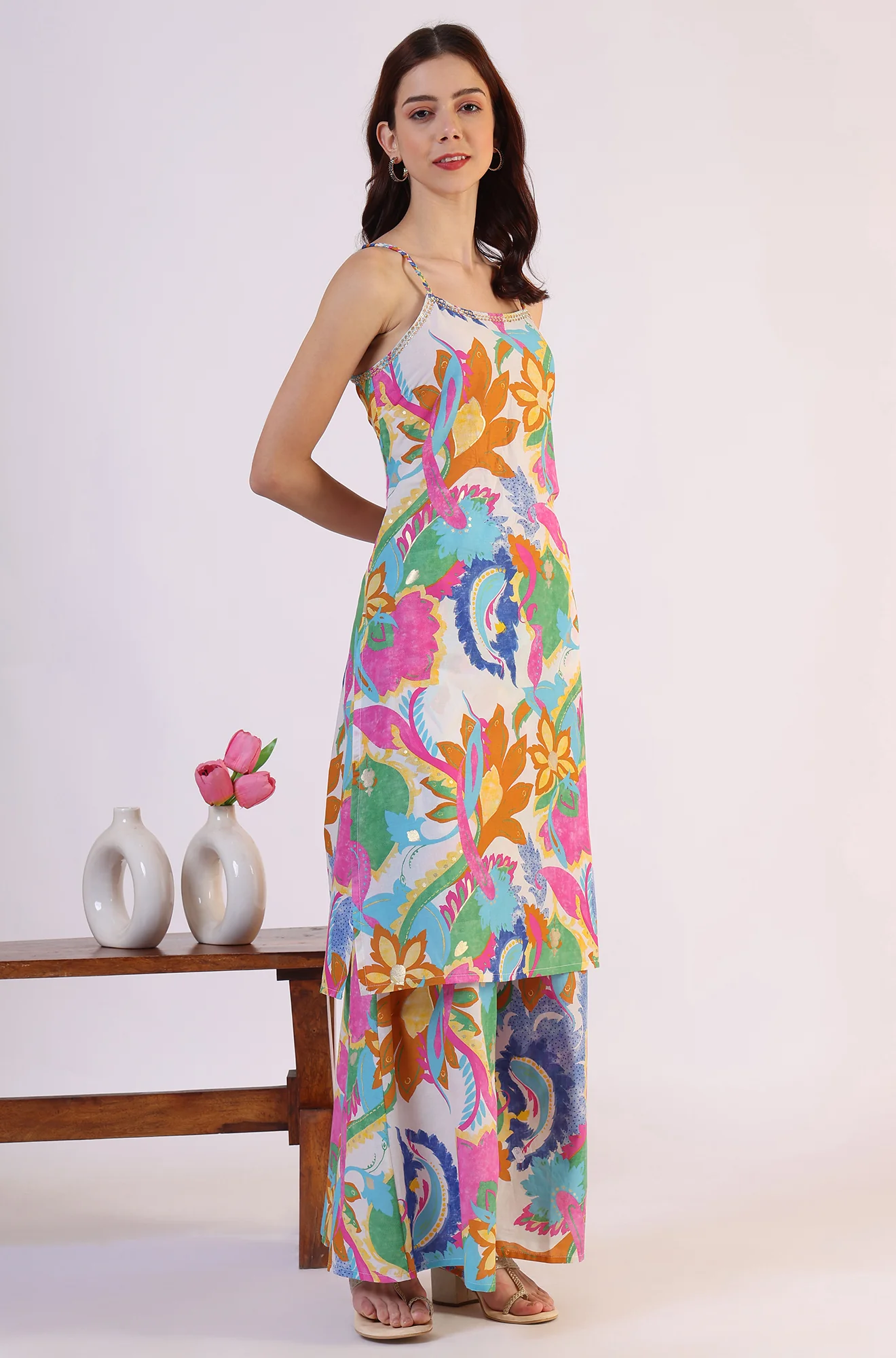 White Abstract Printed Pure Cotton Spaghetti Kurta, Flared Pants and Dupatta Set - Image 7