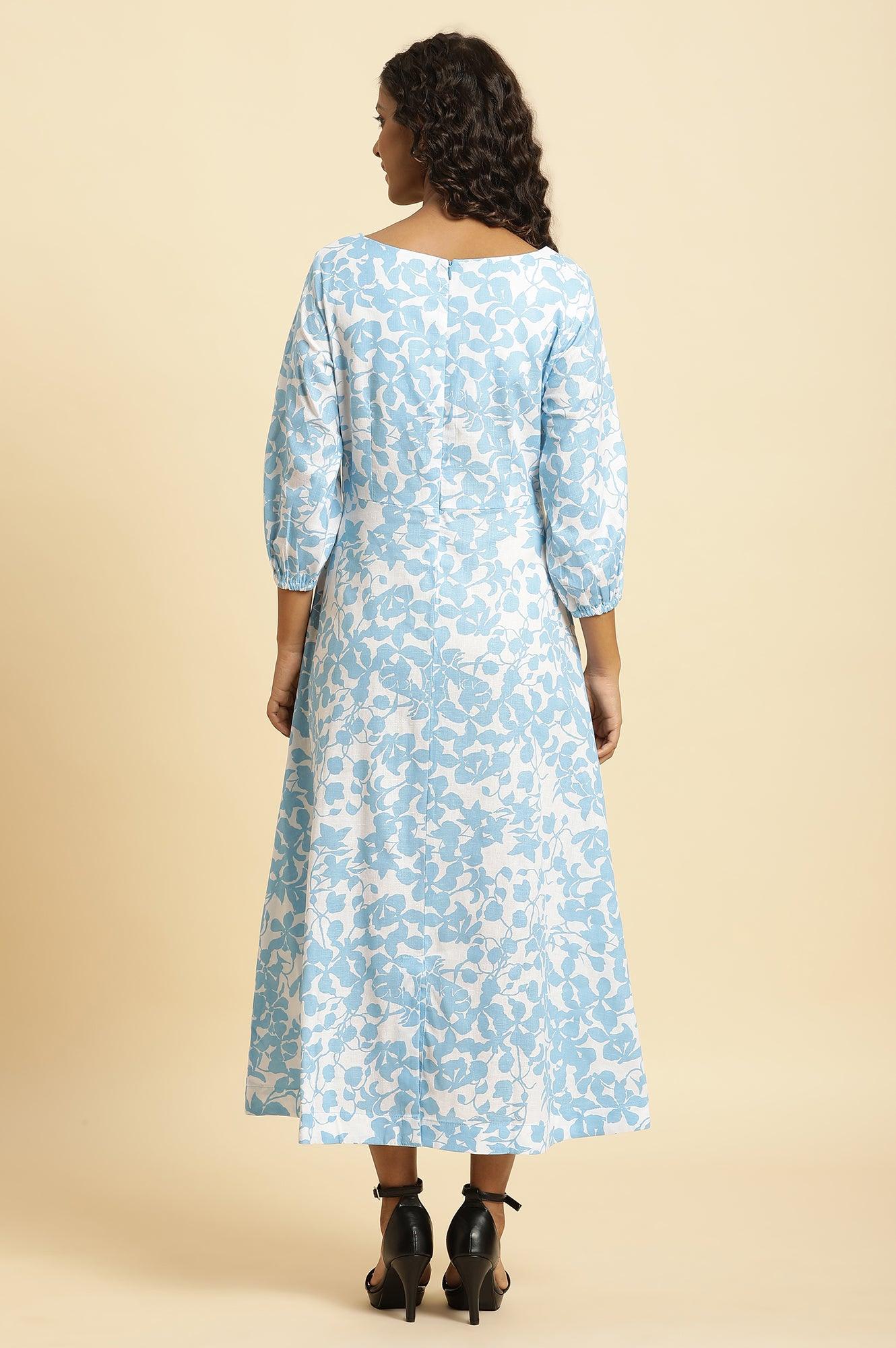 White And Blue Floral Printed Flared Long Dress - Image 4