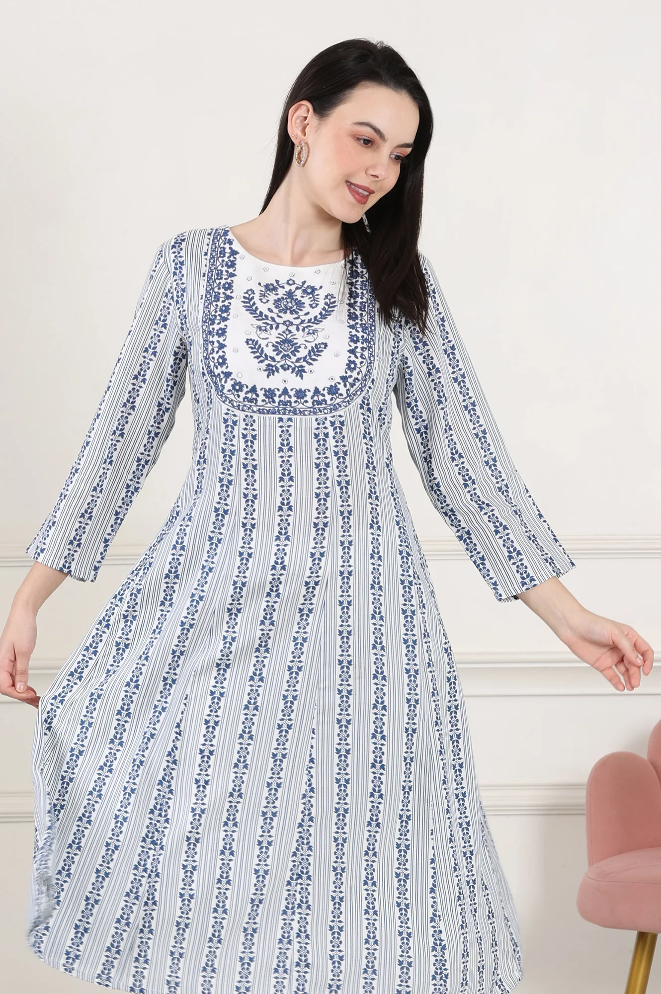 White And Blue Floral Printed Thread Embroidered A-Line Rayon Flax Kurta