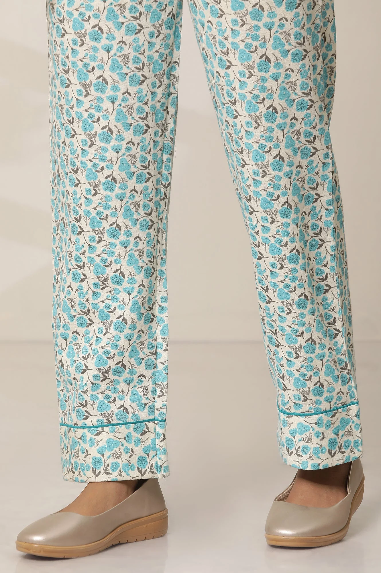 Blue Floral Printed Straight-fit Cotton Palazzo with Button Detail - Image 10