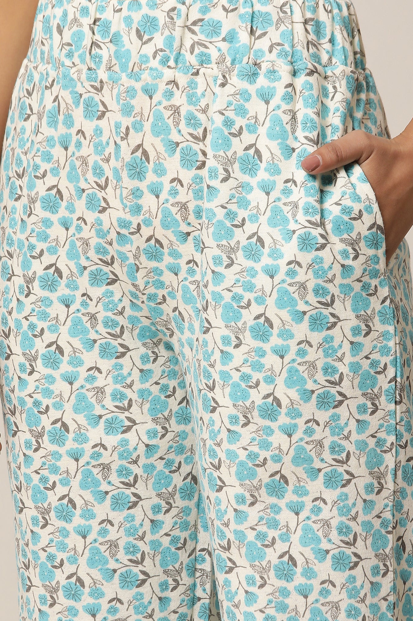 Blue Floral Printed Straight-fit Cotton Palazzo with Button Detail - Image 11