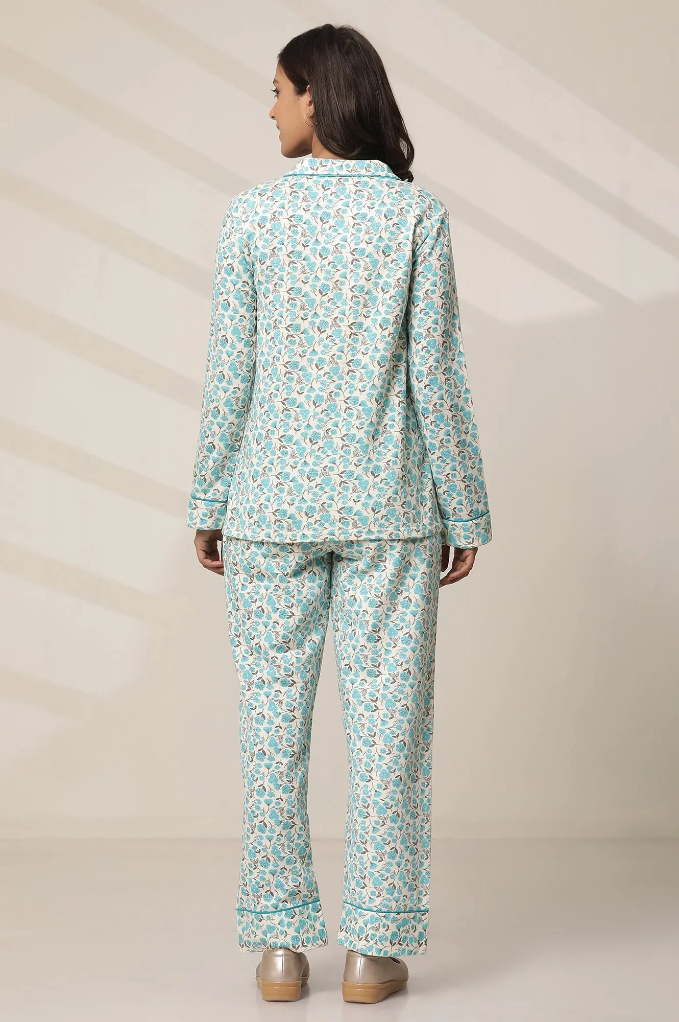 Blue Floral Printed Straight-fit Cotton Palazzo with Button Detail - Image 4