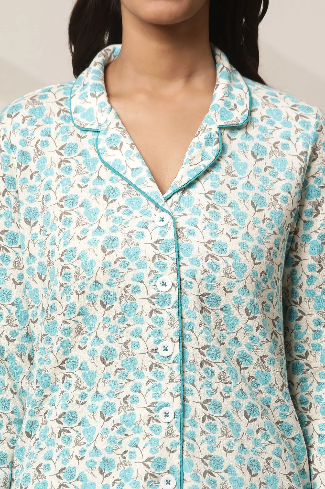 Blue Floral Printed Straight-fit Cotton Palazzo with Button Detail - Image 6