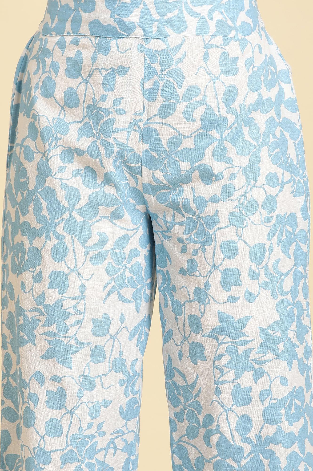 White And Blue Floral Printed Top And Pants Co-Ord Set - Image 8