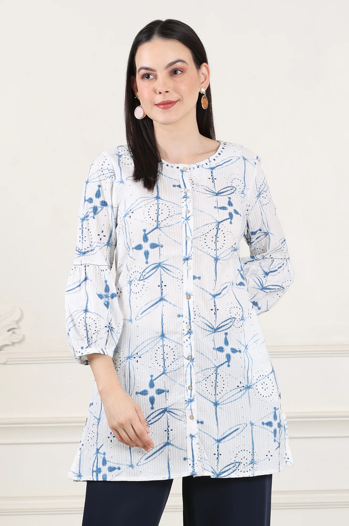 White And Blue Printed Pure Cotton Button Down Tunic With Puffed Sleeves - Image 2