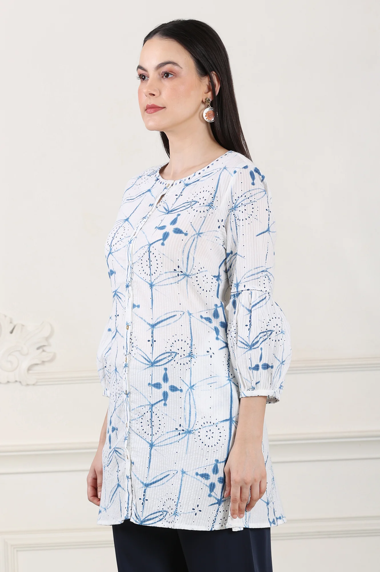White And Blue Printed Pure Cotton Button Down Tunic With Puffed Sleeves - Image 8