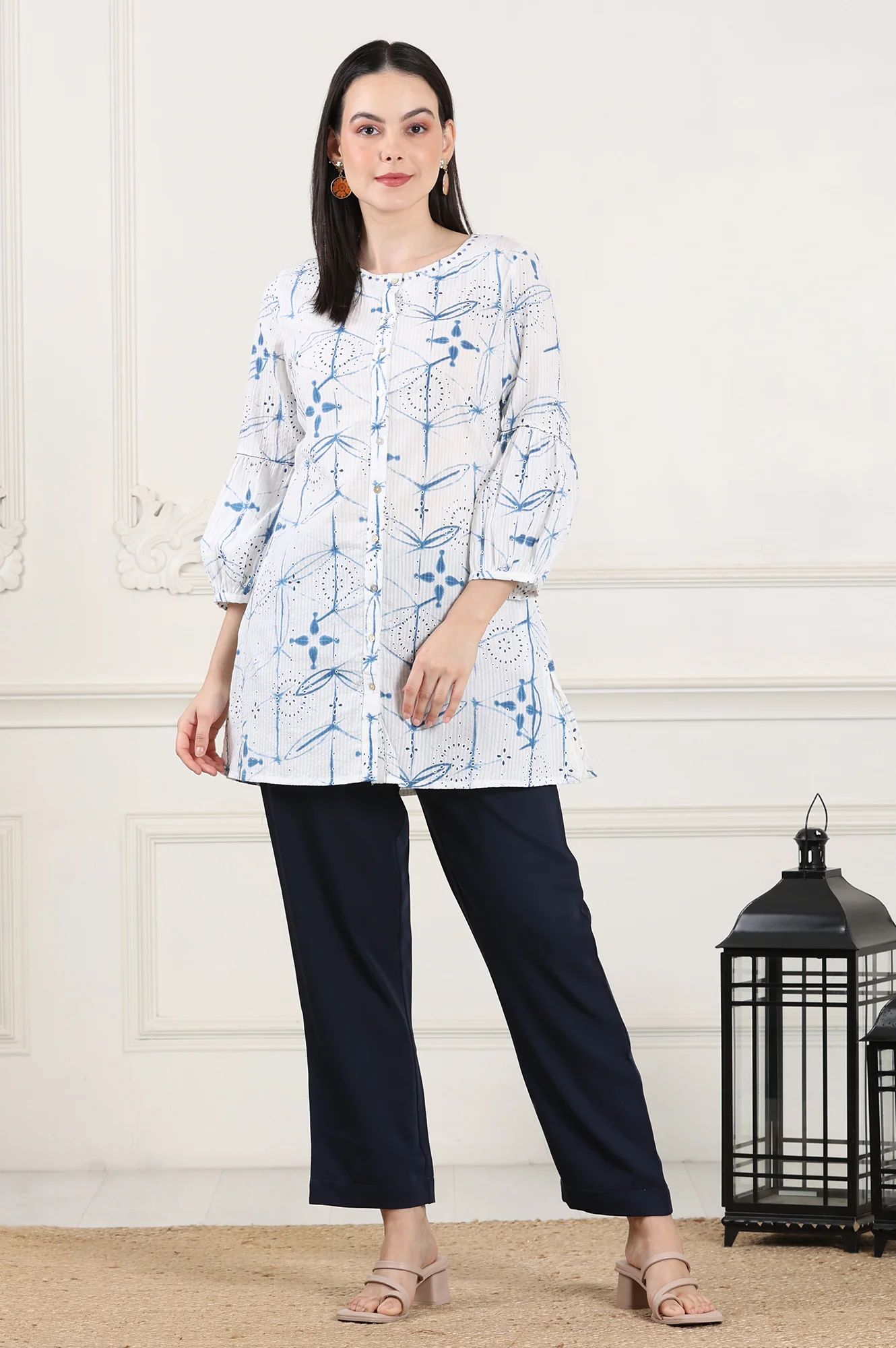 White And Blue Printed Pure Cotton Button Down Tunic With Puffed Sleeves - Image 9