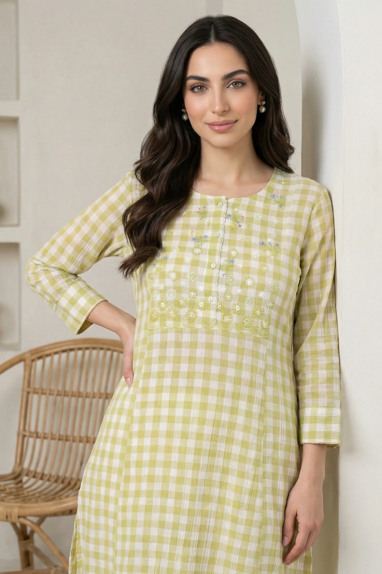 White And Celery Green A-Line Cotton Checker Kurta - Image 3