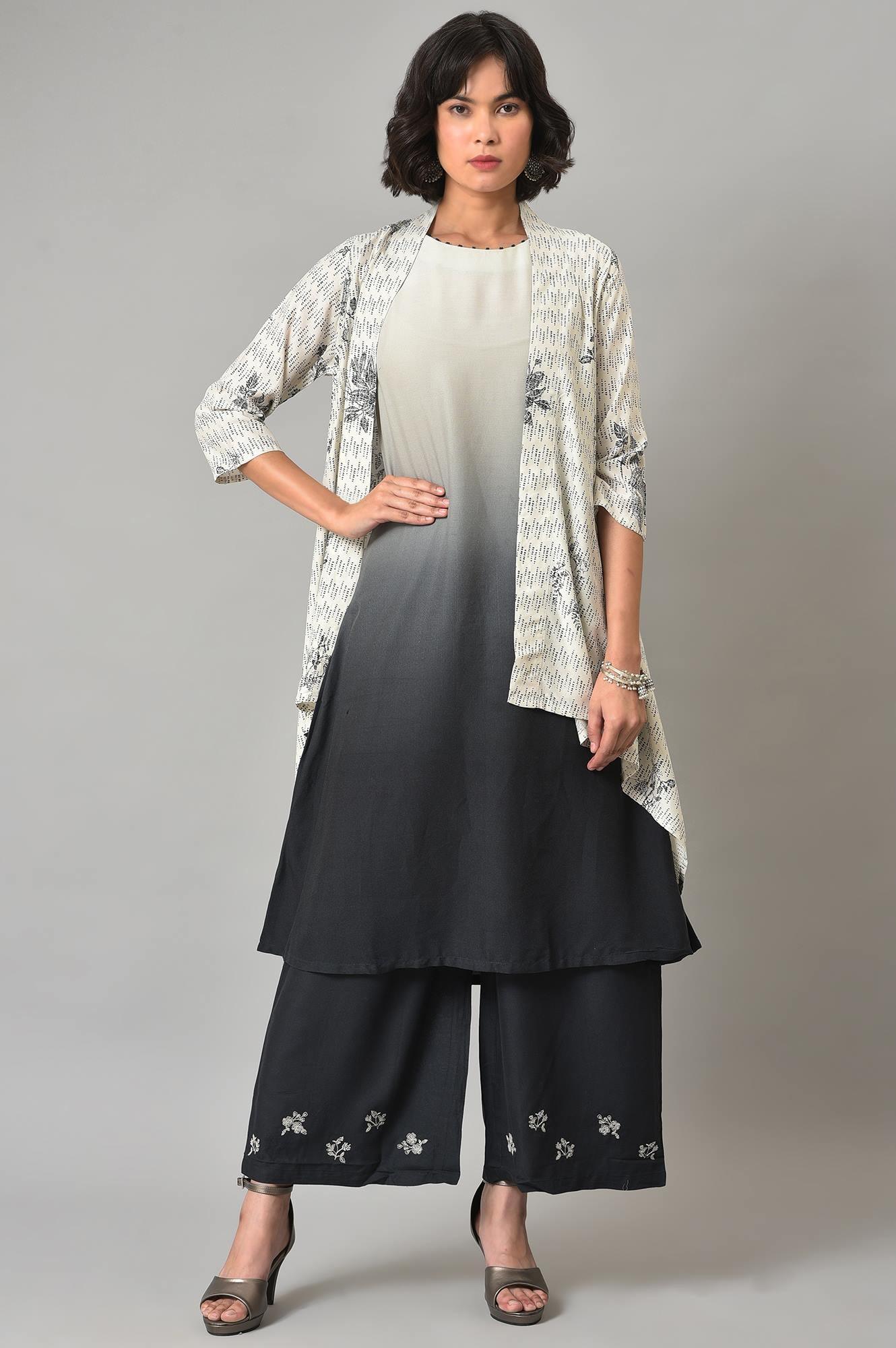 White And Deep Blue Ombre kurta With Printed Gillet And Parallel Pants - Image 11