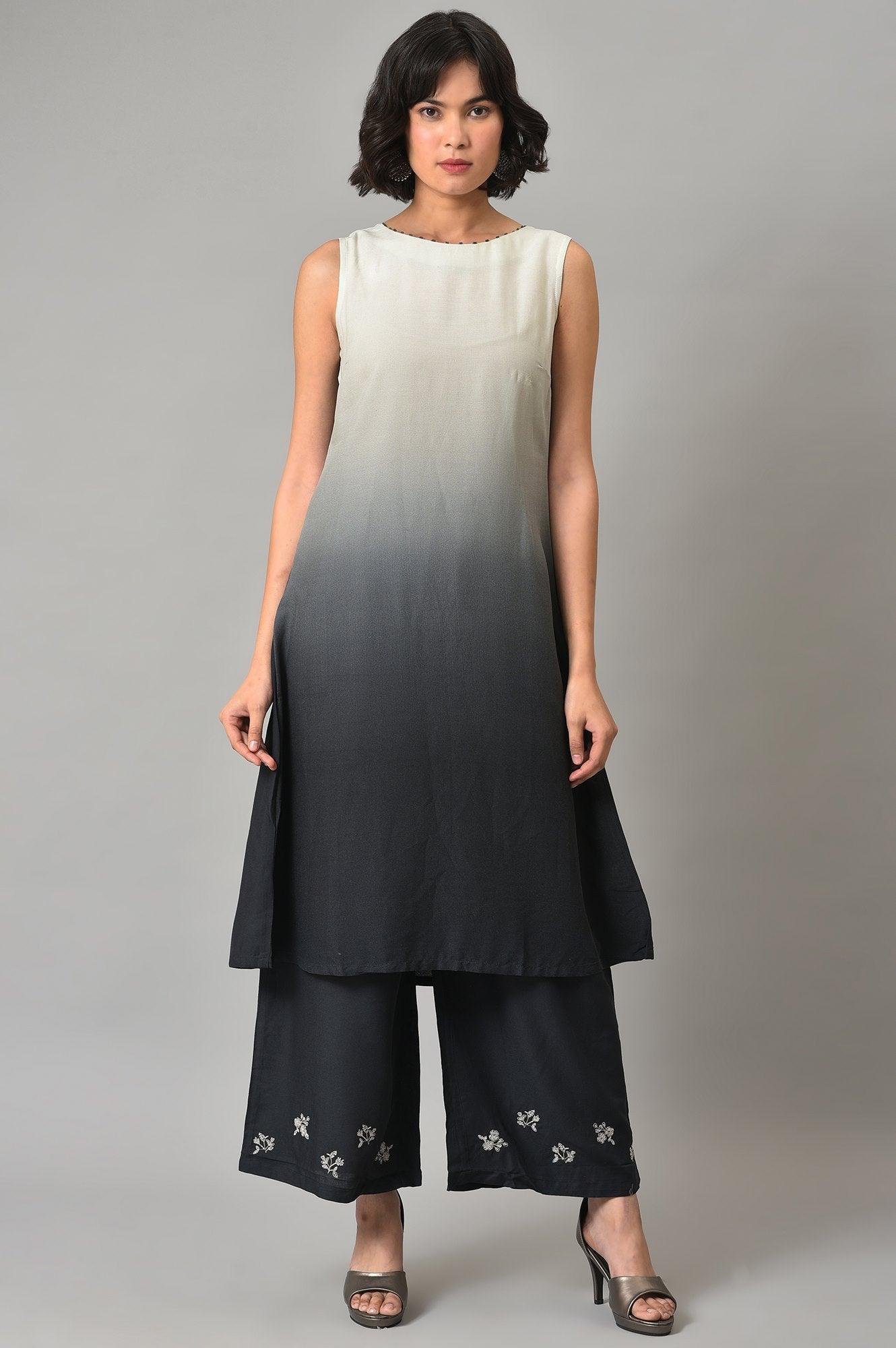 White And Deep Blue Ombre kurta With Printed Gillet And Parallel Pants - Image 9