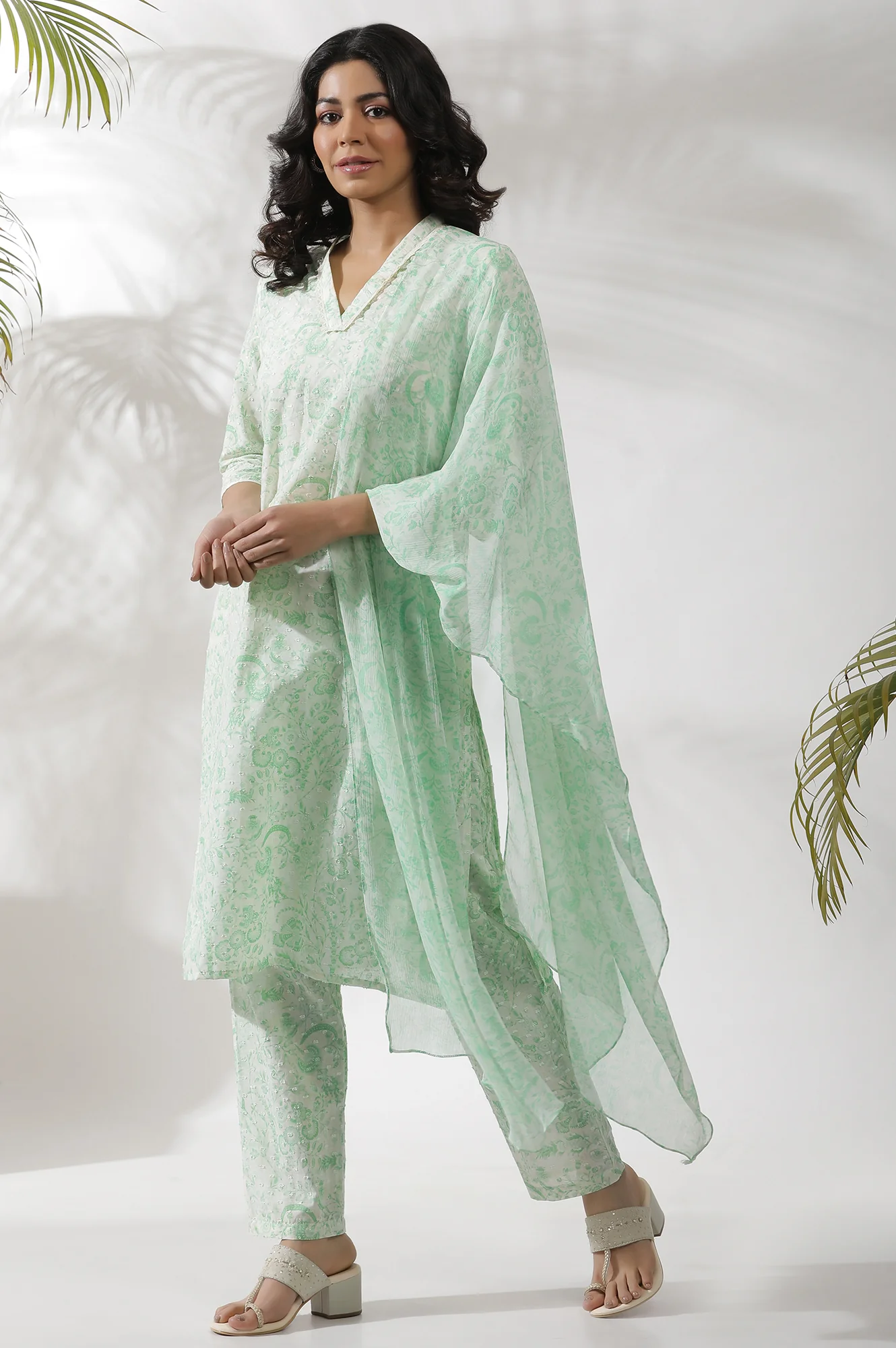 White And Green Floral Printed Kurta, Pants And Dupatta Set - Image 2