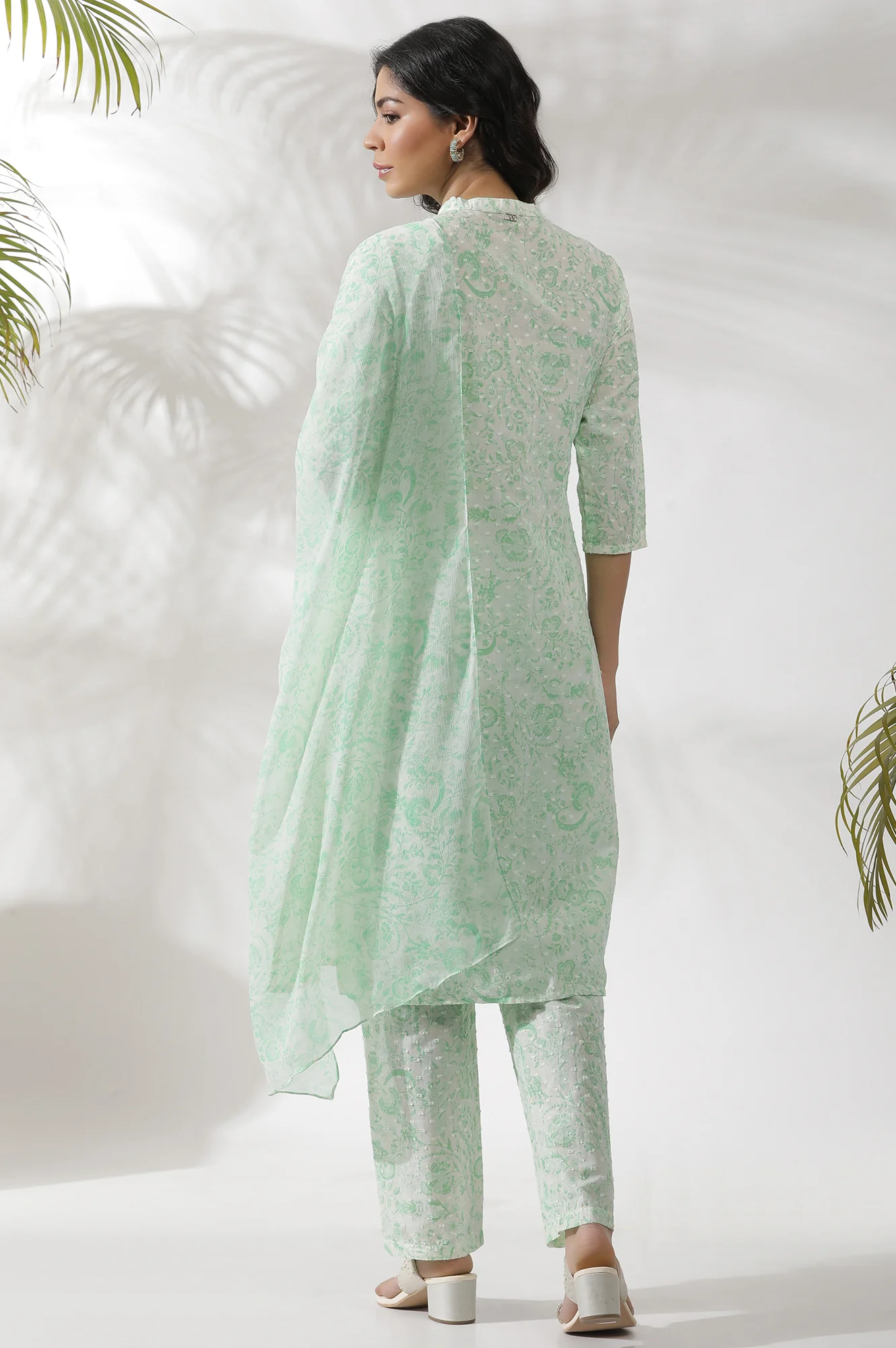 White And Green Floral Printed Kurta, Pants And Dupatta Set - Image 4