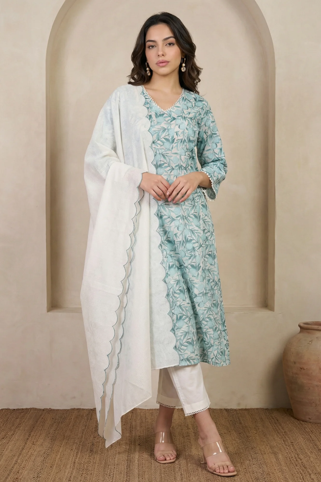 White and Green Floral Printed Kota Straight Kurta with Straight Pants and Dupatta Set