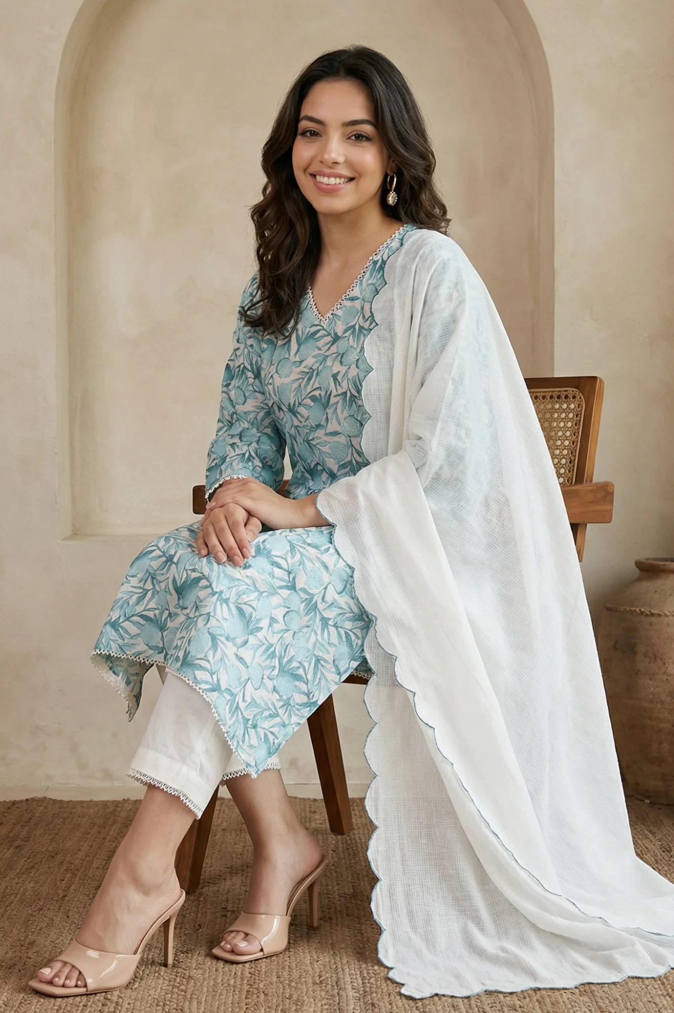White and Green Floral Printed Kota Straight Kurta with Straight Pants and Dupatta Set - Image 3