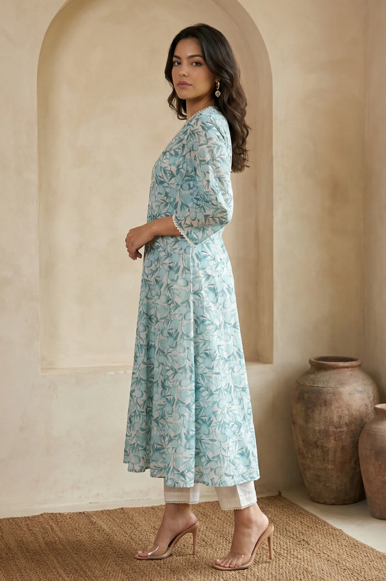 White and Green Floral Printed Kota Straight Kurta with Straight Pants and Dupatta Set - Image 4