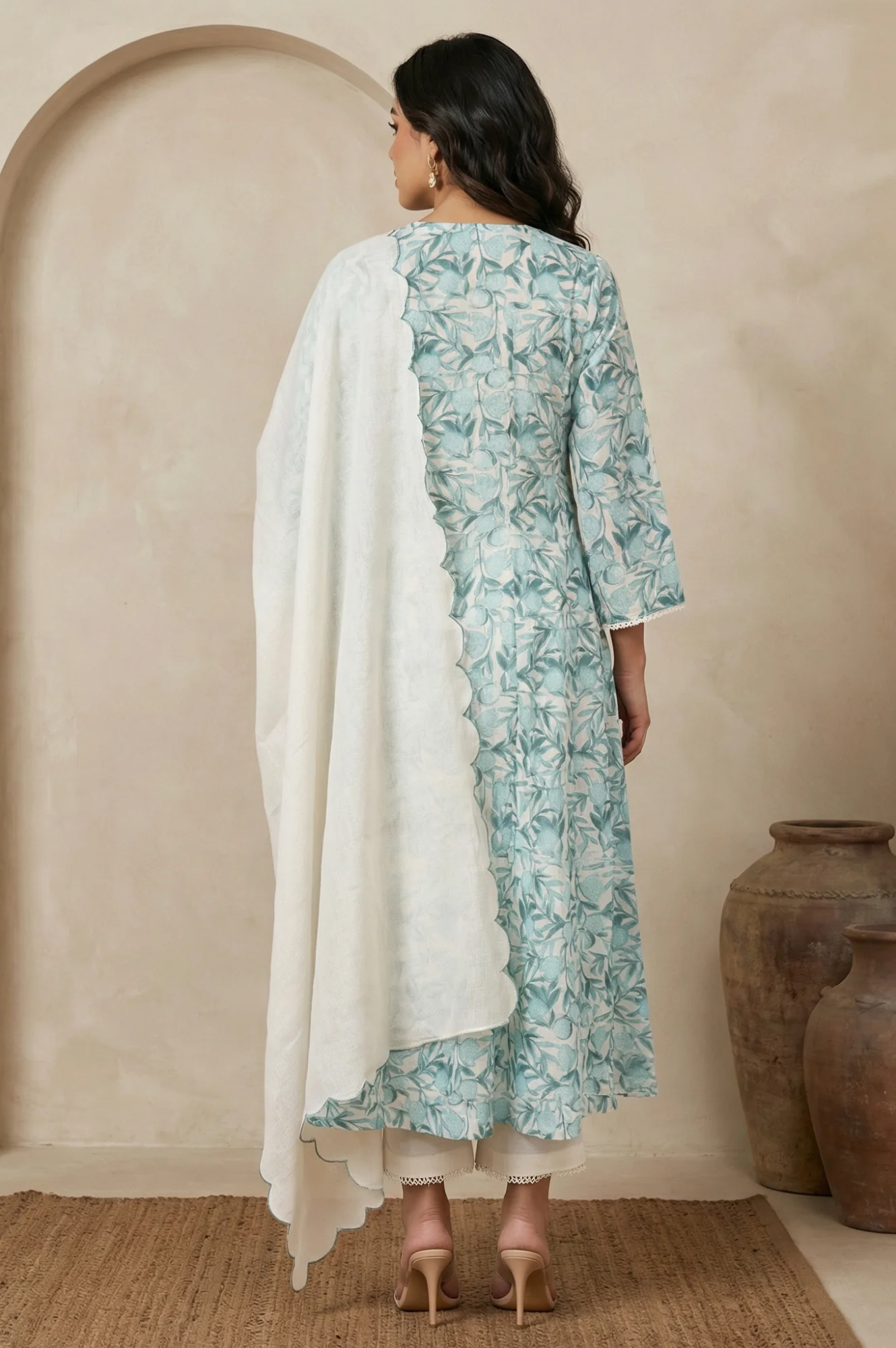 White and Green Floral Printed Kota Straight Kurta with Straight Pants and Dupatta Set - Image 5