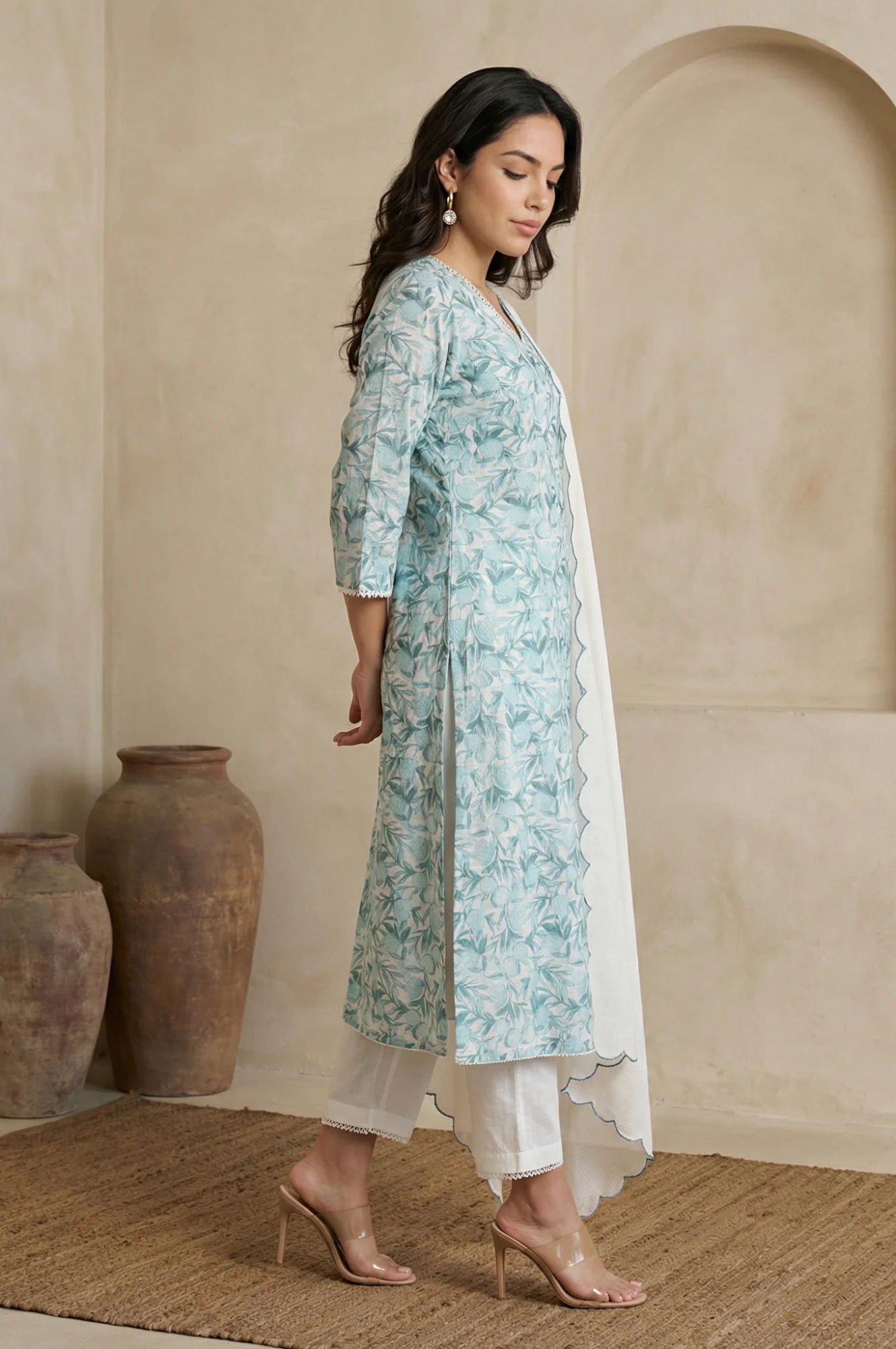 White and Green Floral Printed Kota Straight Kurta with Straight Pants and Dupatta Set - Image 6