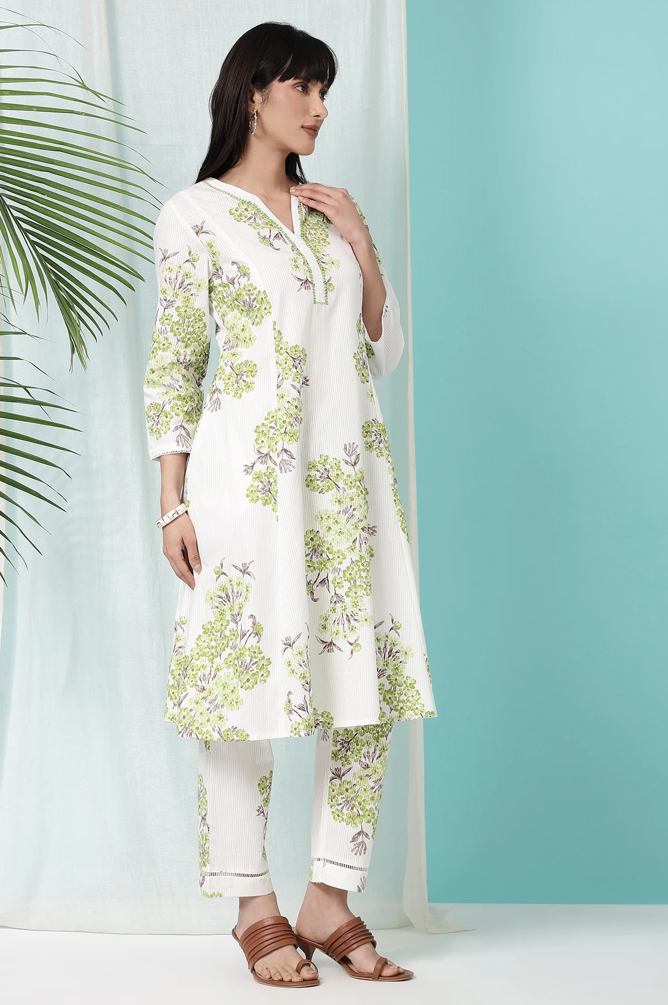 White Floral Printed Pure Cotton Flared Kurta and Pants Co-ord Set - Image 7