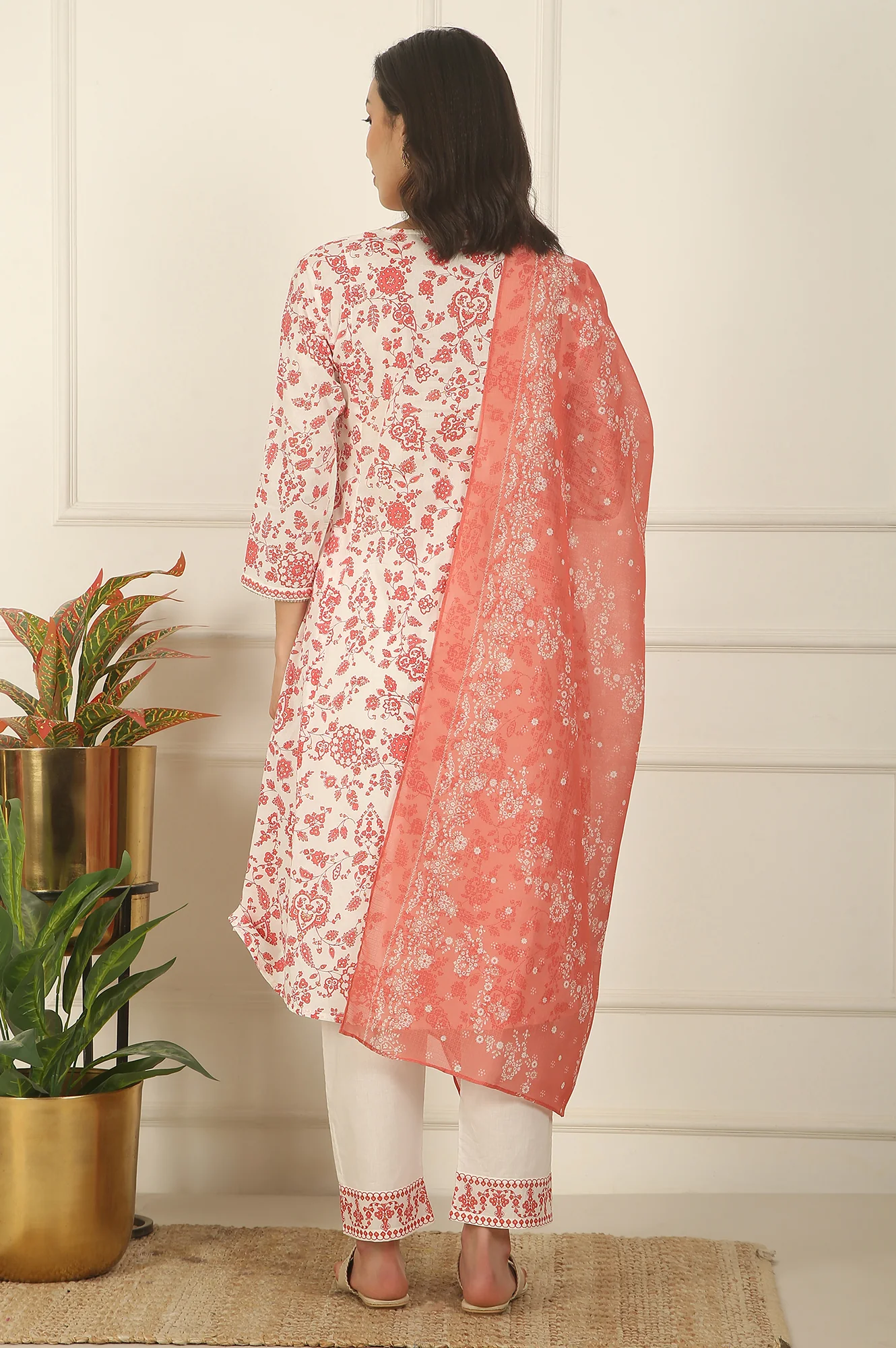 White and Orange Floral Printed Pure Cotton Flared Kurta, Pants and Dupatta Set - Image 10