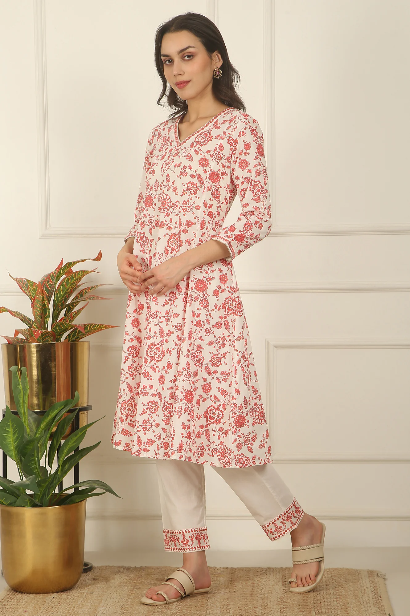 White and Orange Floral Printed Pure Cotton Flared Kurta, Pants and Dupatta Set - Image 5
