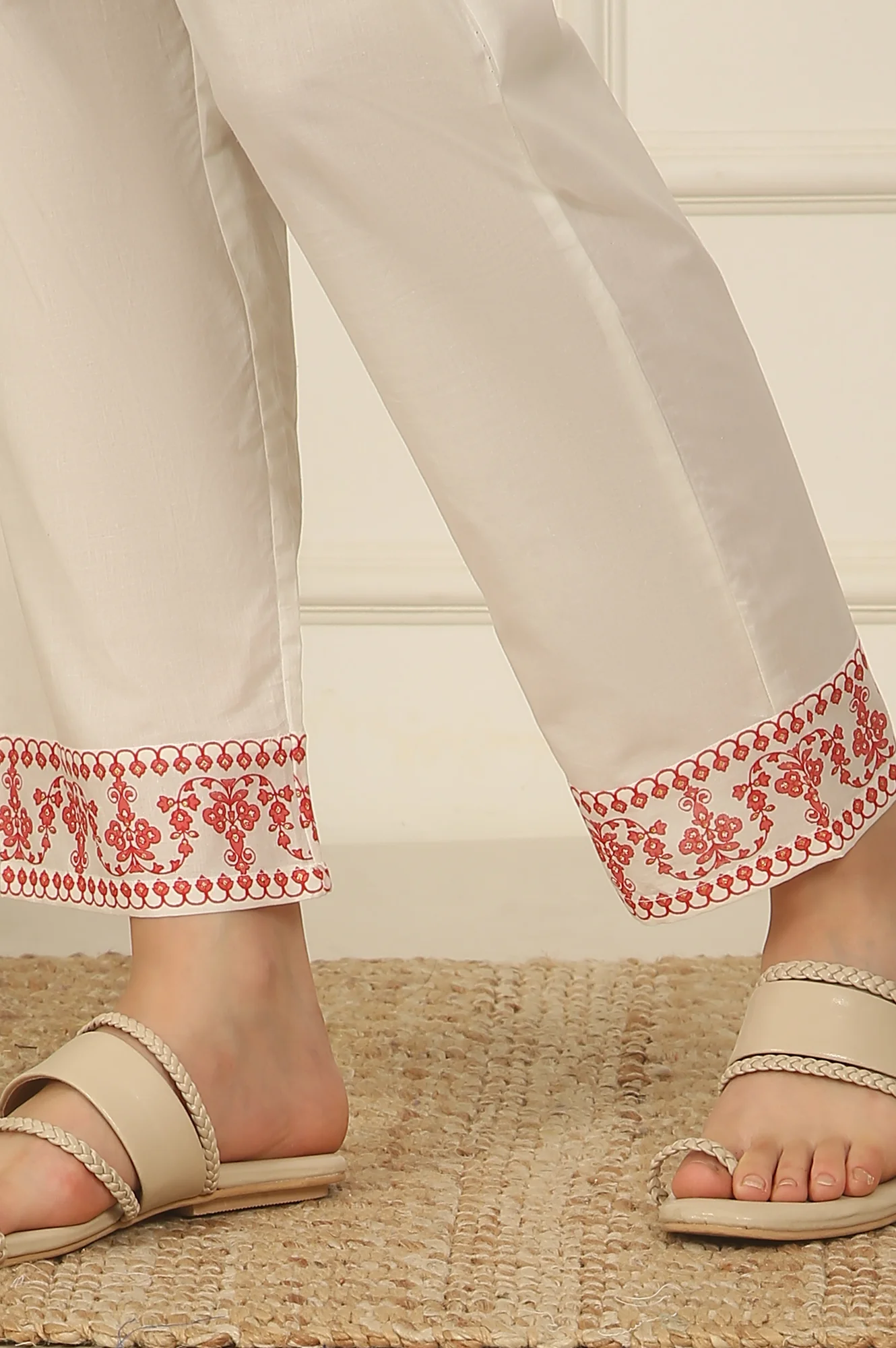 White and Orange Floral Printed Pure Cotton Flared Kurta, Pants and Dupatta Set - Image 6