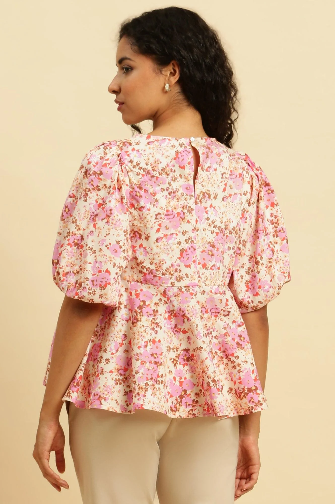White And Pink Floral Printed Flared Top - Image 3
