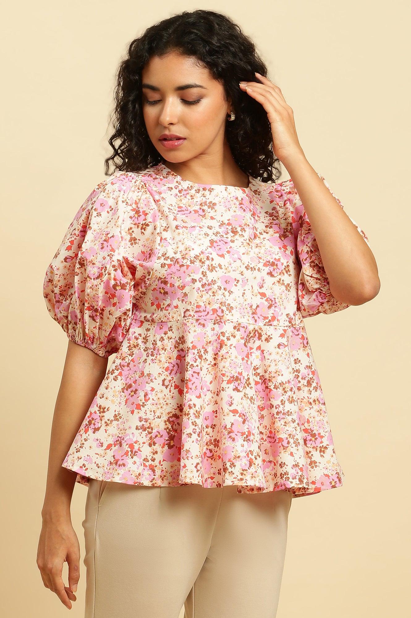 White And Pink Floral Printed Flared Top - Image 4