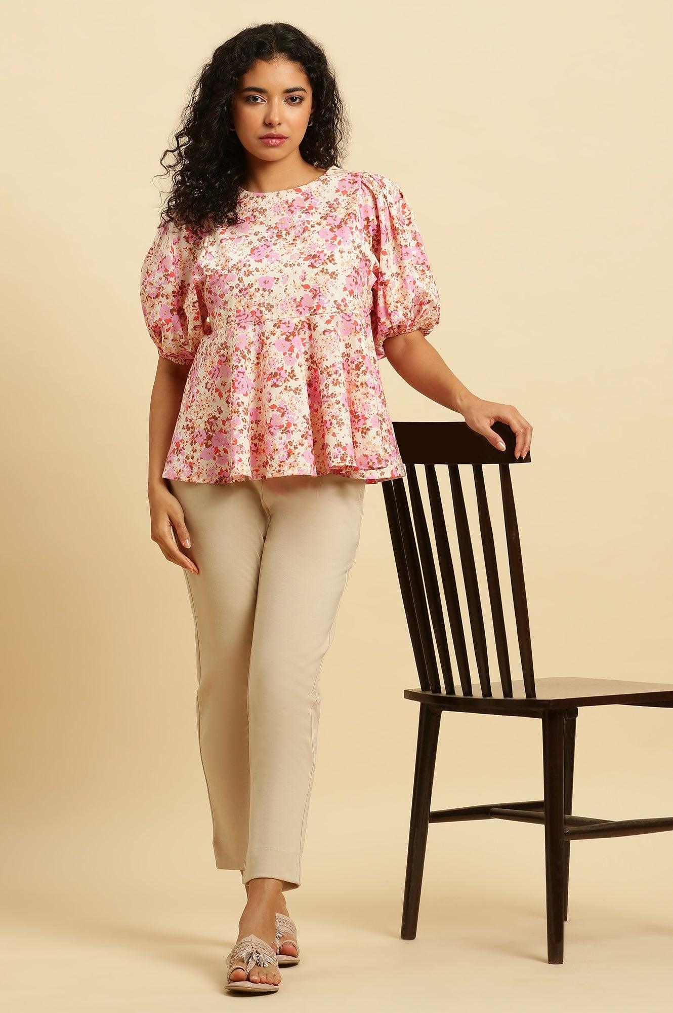 White And Pink Floral Printed Flared Top - Image 5