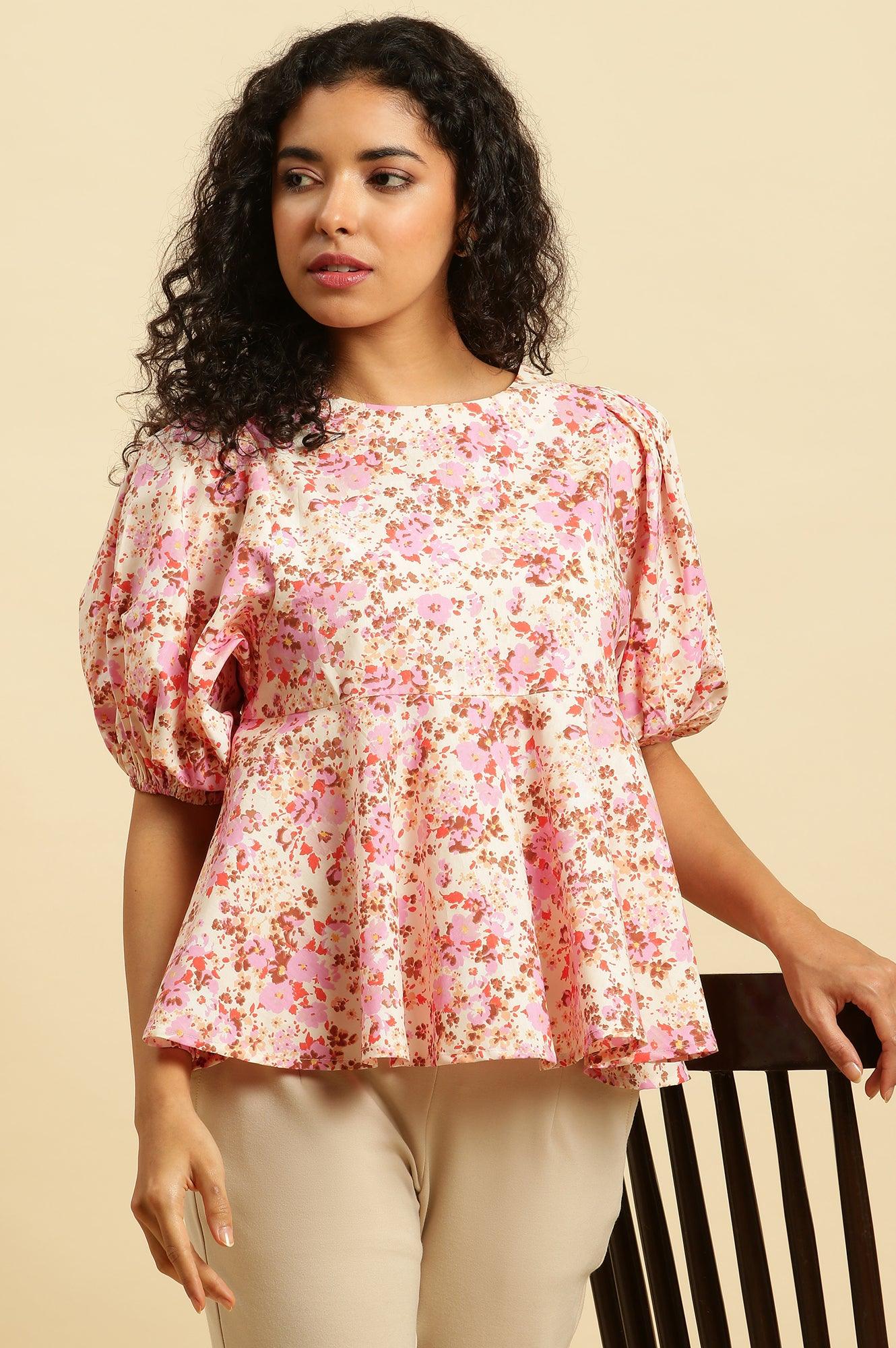 White And Pink Floral Printed Flared Top - Image 6