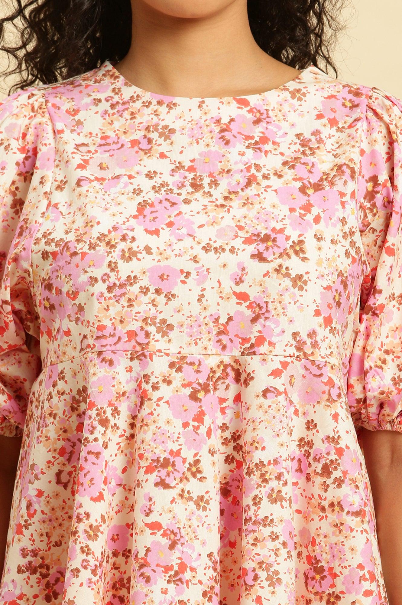 White And Pink Floral Printed Flared Top - Image 7