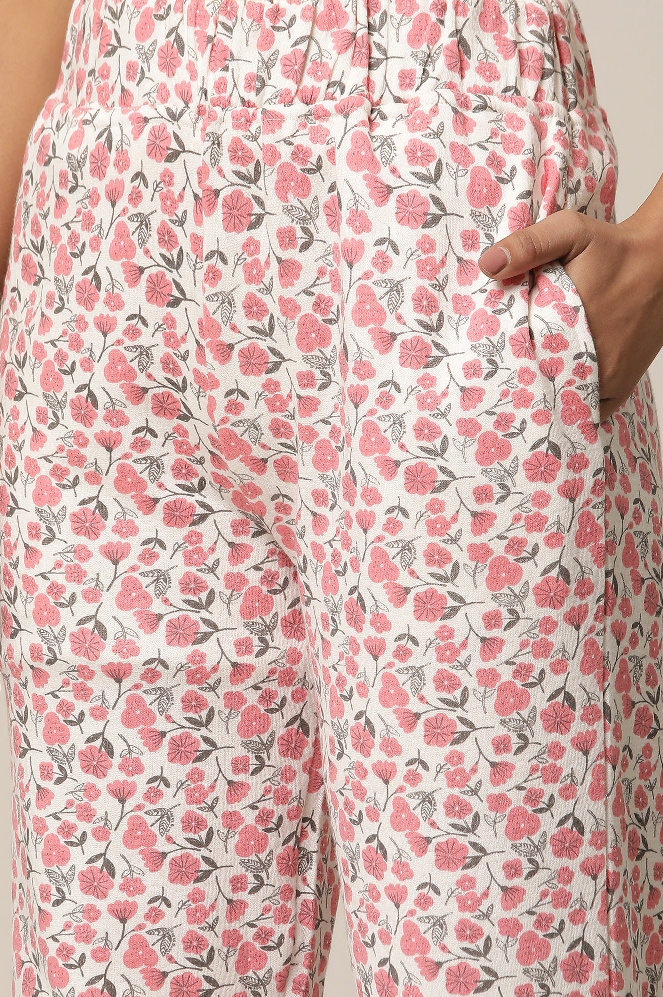 White and Pink Floral Printed Straight-fit Cotton Palazzo with Elasticated Waist - Image 10