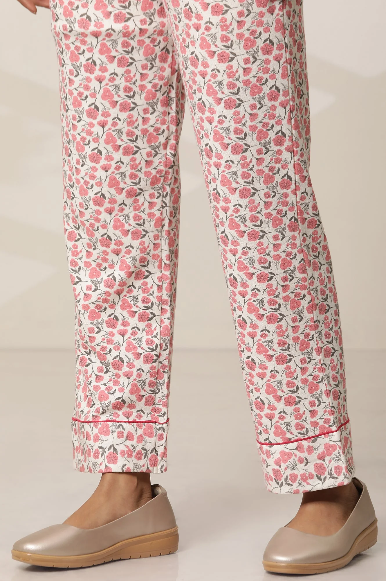 White and Pink Floral Printed Straight-fit Cotton Palazzo with Elasticated Waist - Image 11