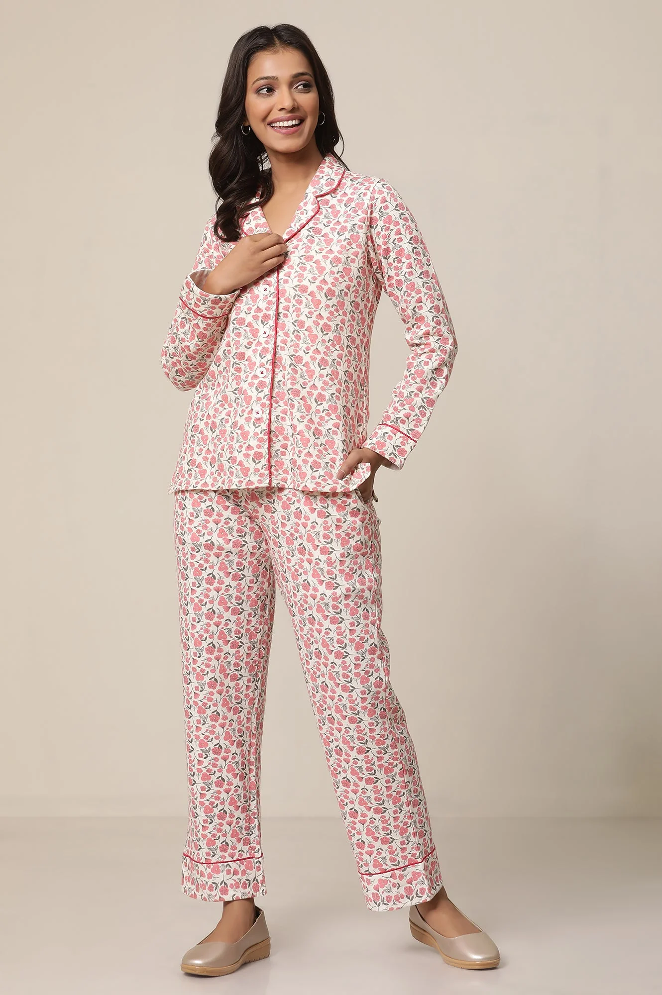 White and Pink Floral Printed Straight-fit Cotton Palazzo with Elasticated Waist - Image 2