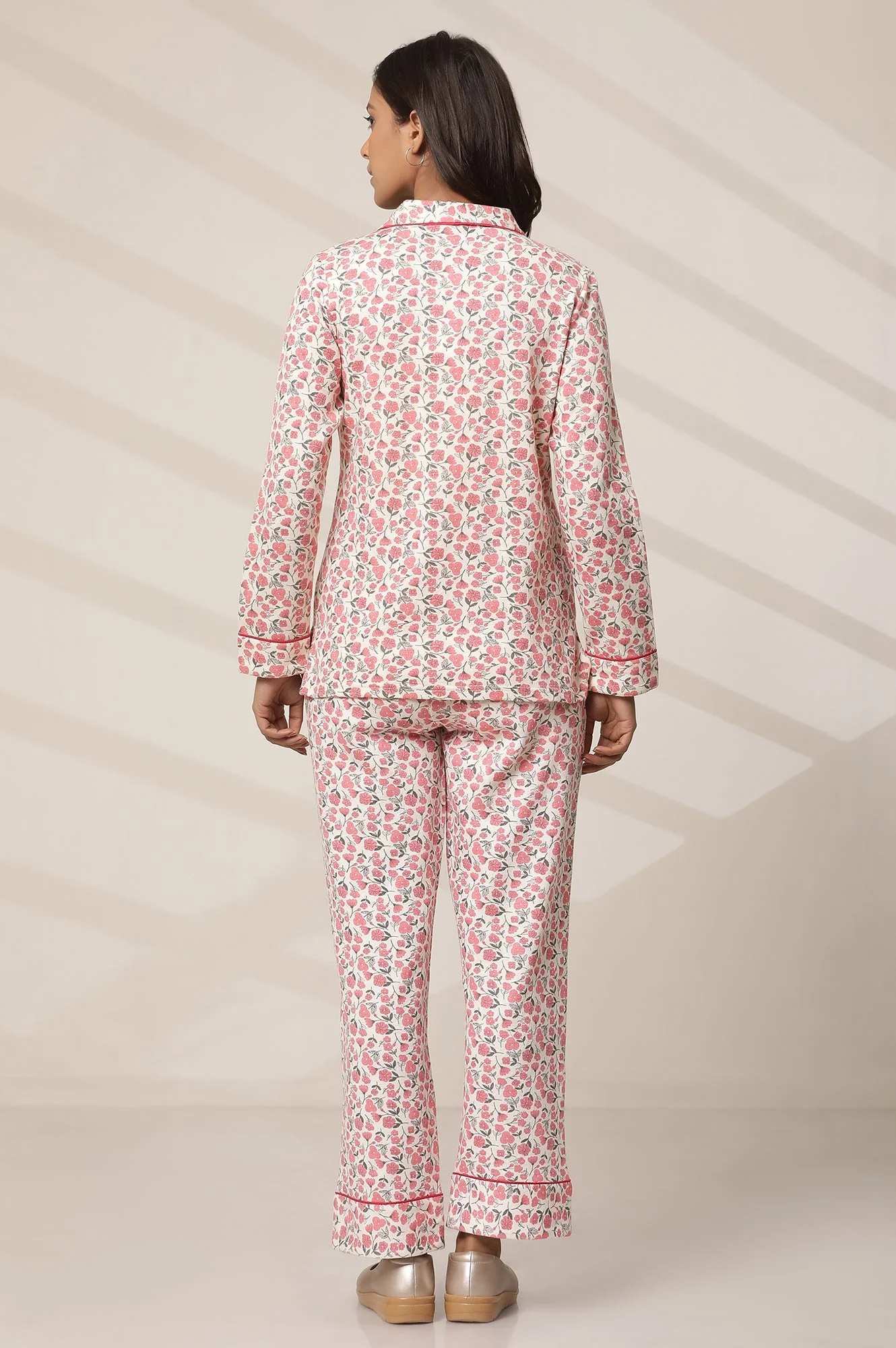 White and Pink Floral Printed Straight-fit Cotton Palazzo with Elasticated Waist - Image 4